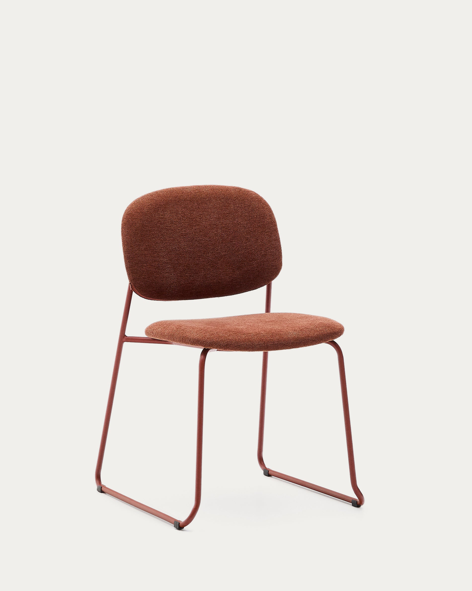 Meli stackable chair in terracotta chenille with terracotta metal legs FSC Mix Credit - Product View