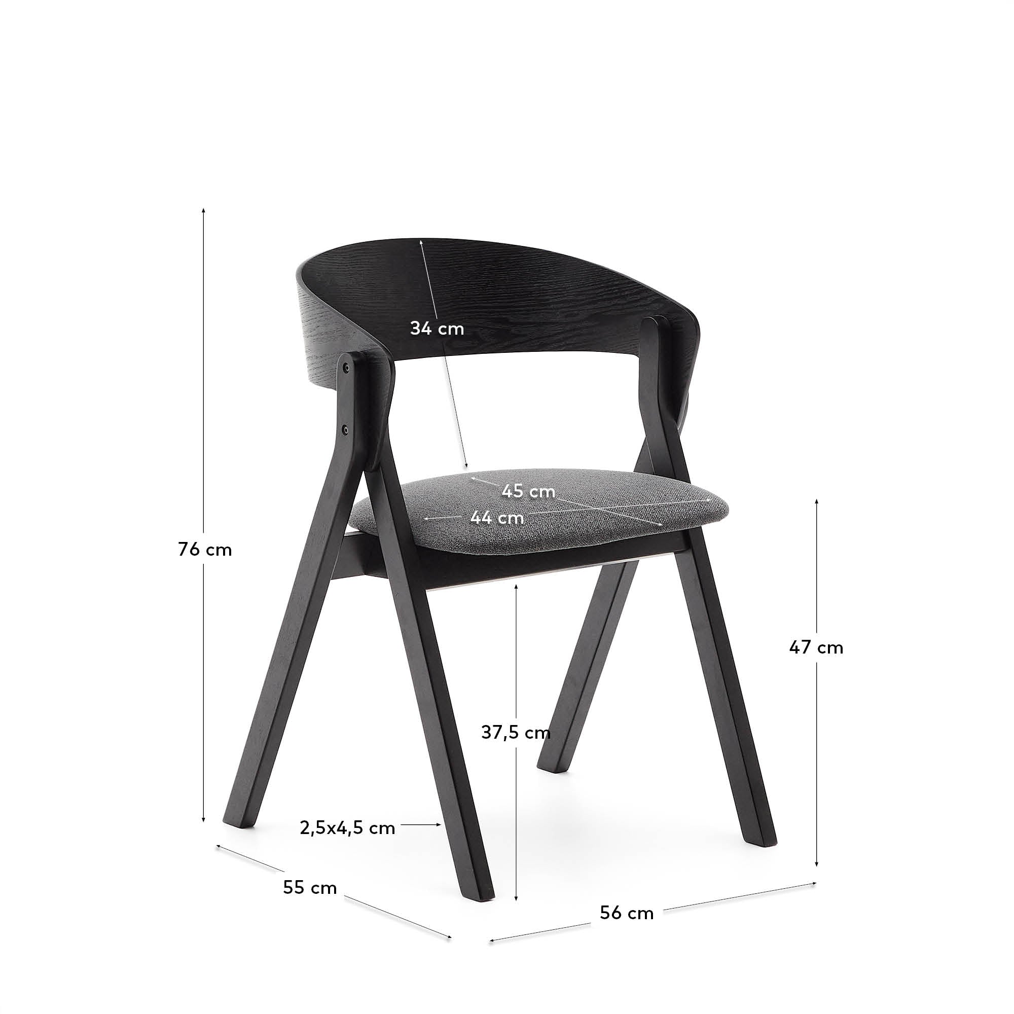 Godia chair in ash veneer with a black finish and grey chenille - Measurements