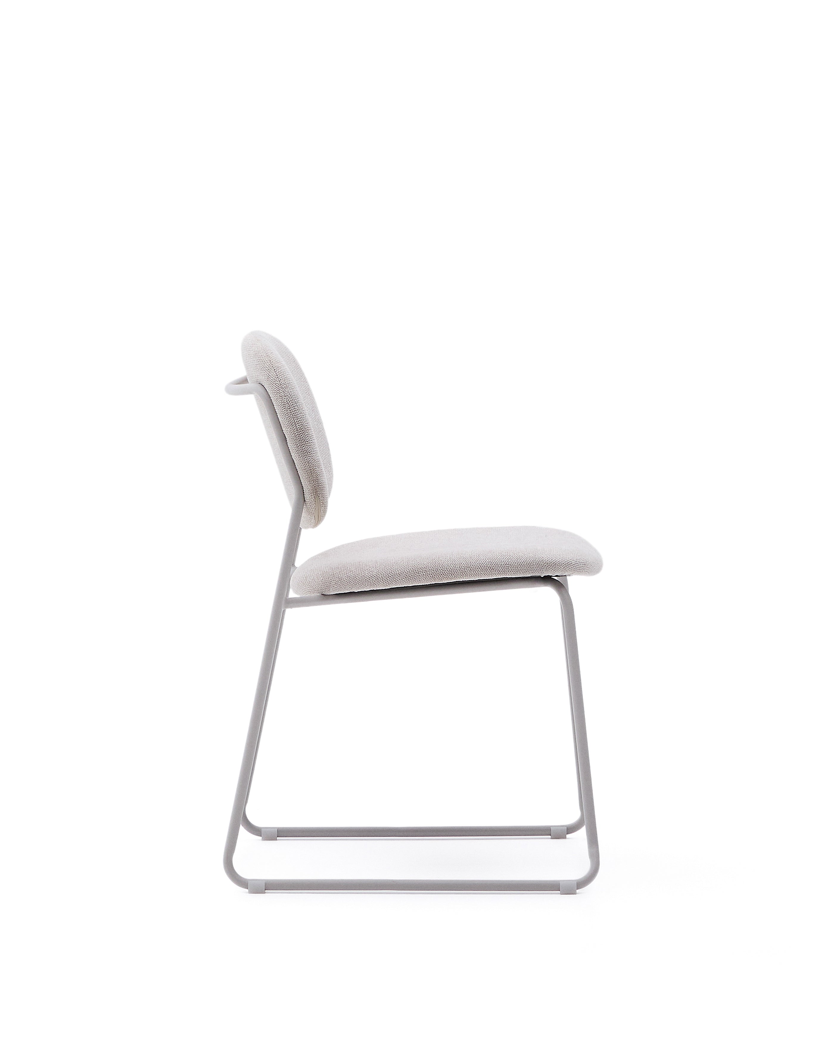 Meli stackable chair in beige chenille with beige metal legs FSC Mix Credit