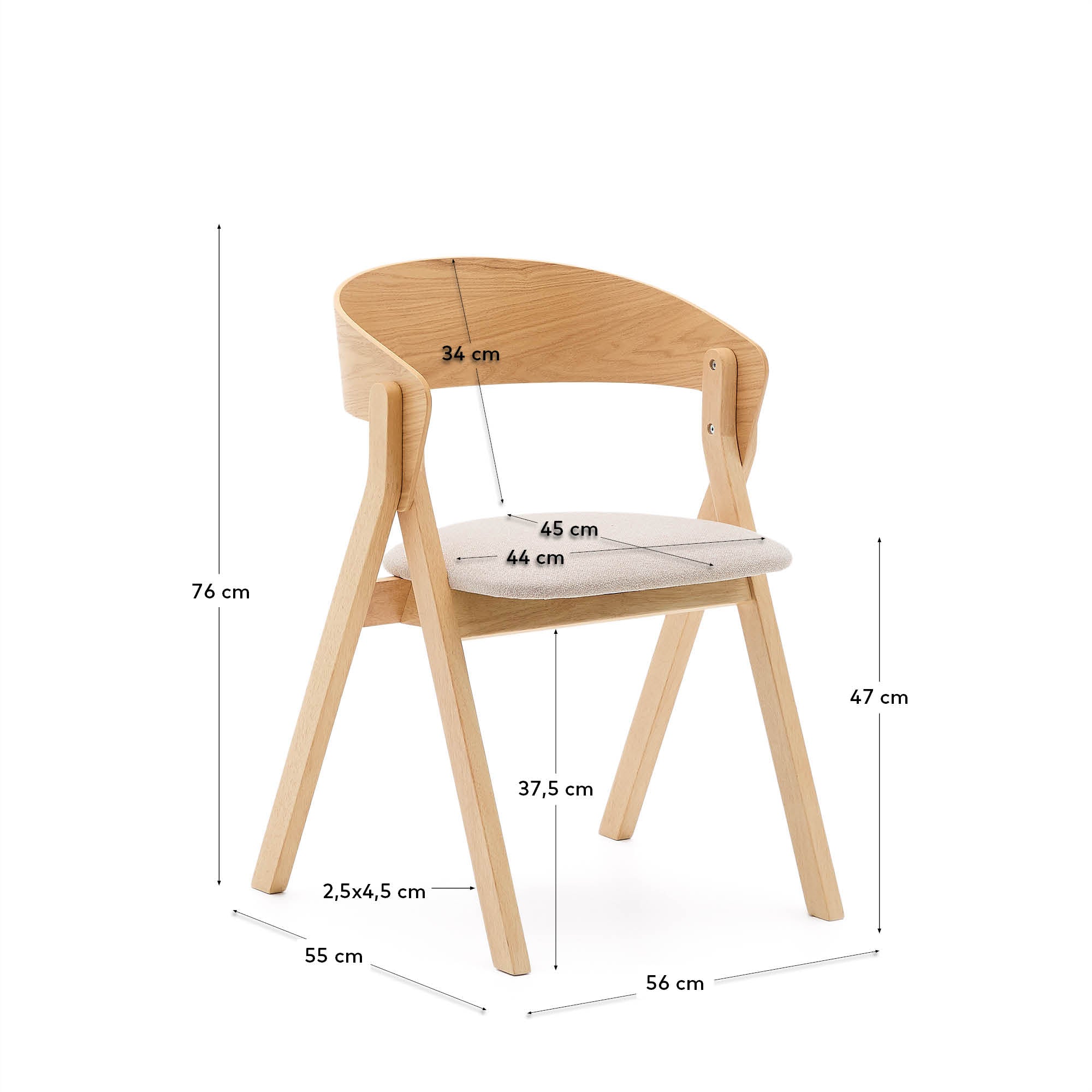 Godia chair in ash veneer with a natural finish and beige chenille - Measurements