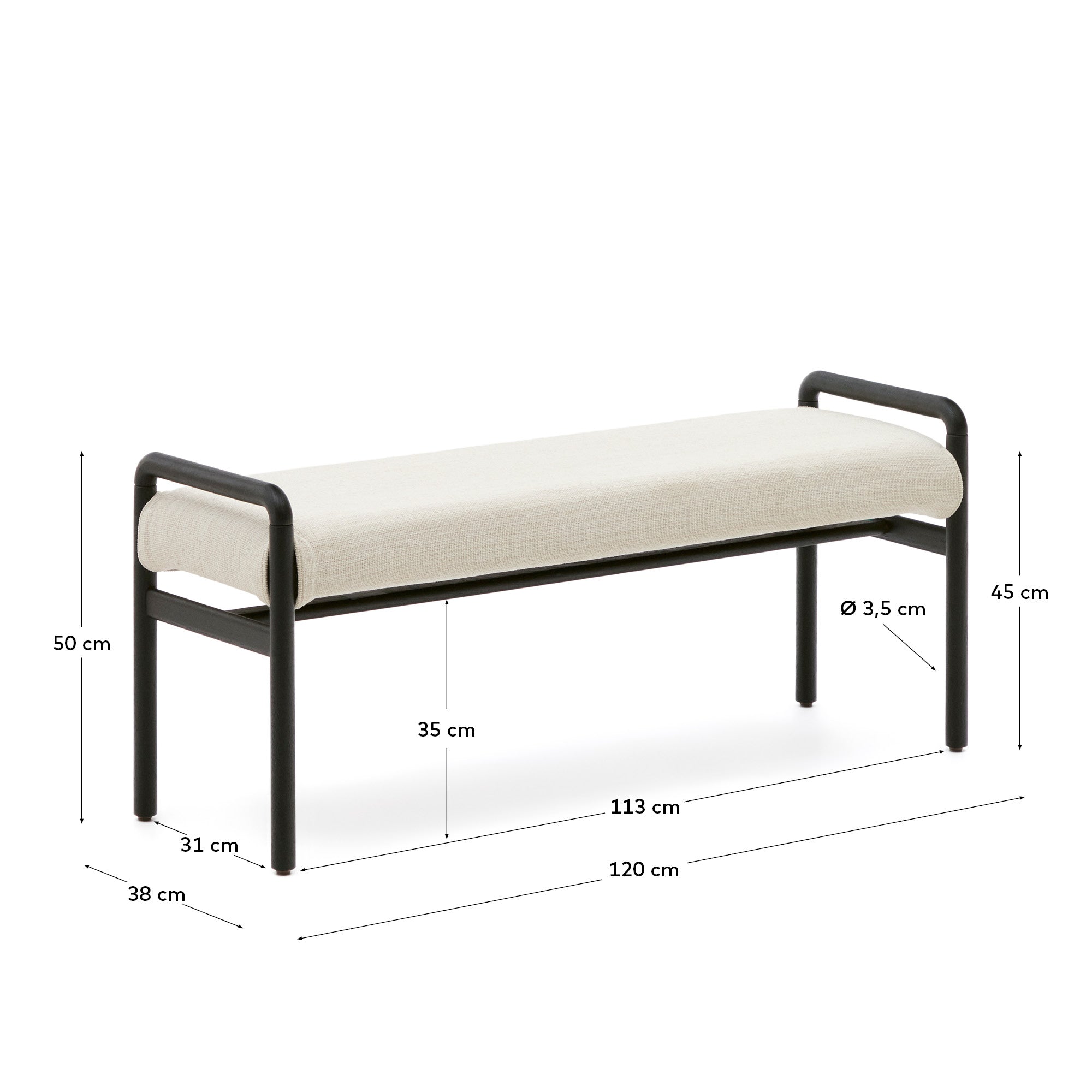 Macaret bench with removable cover solid oak wood with black finish 120 cm FSC Mix Credit - Measurements