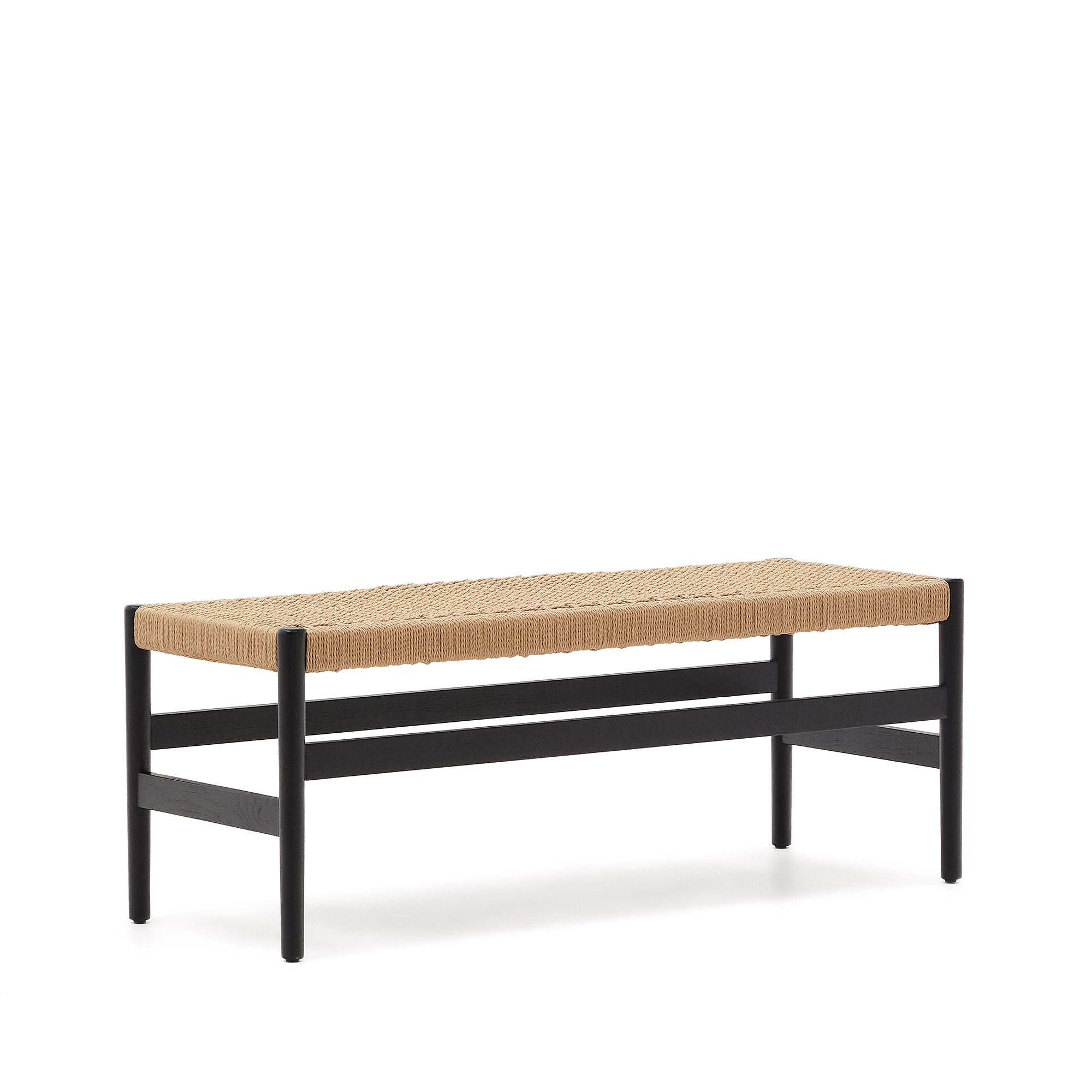 Zaide bench made of solid oak wood in a black finish and rope cord seat, 120 cm, FSC 100% - Product Image