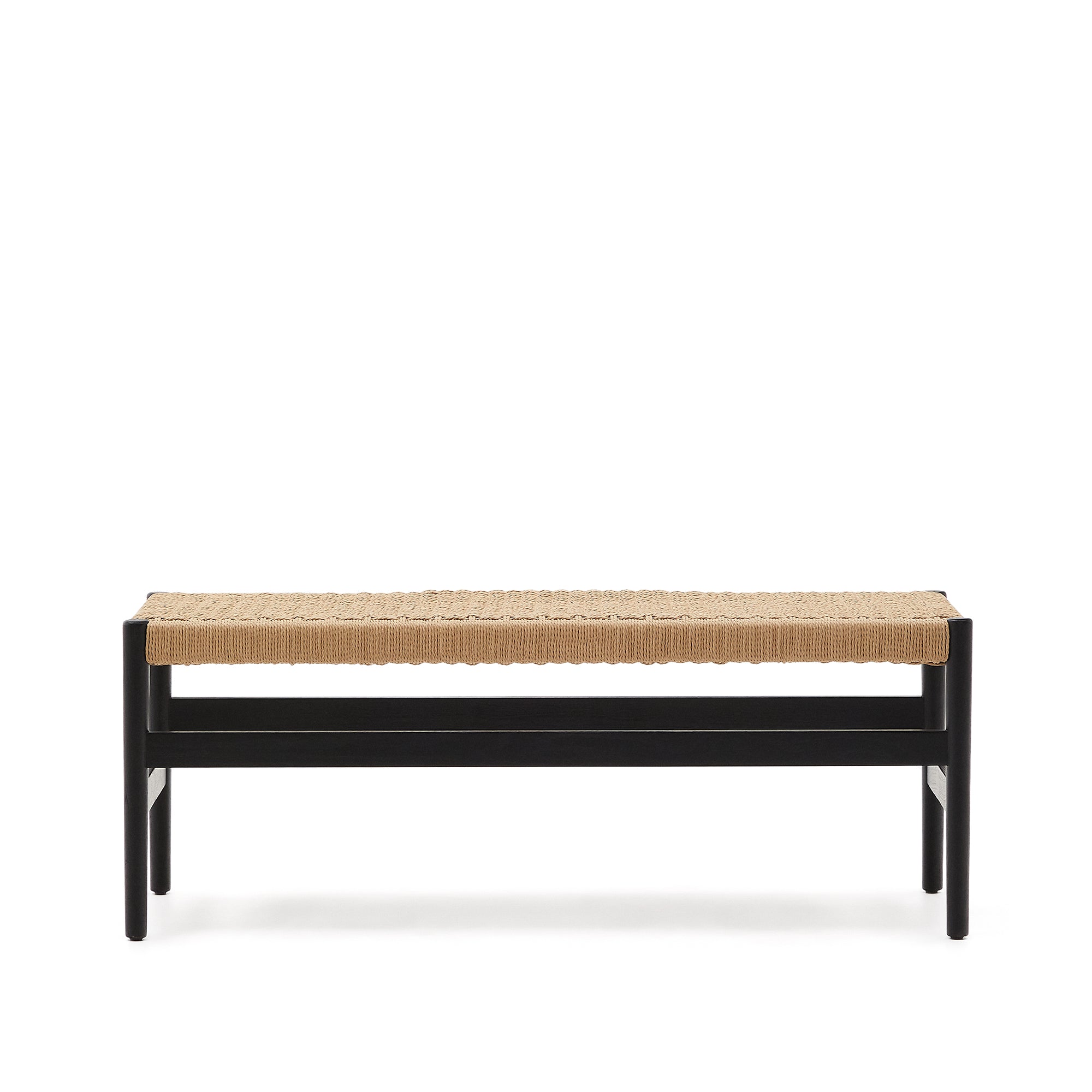 Zaide bench made of solid oak wood in a black finish and rope cord seat, 120 cm, FSC 100% - Product Image