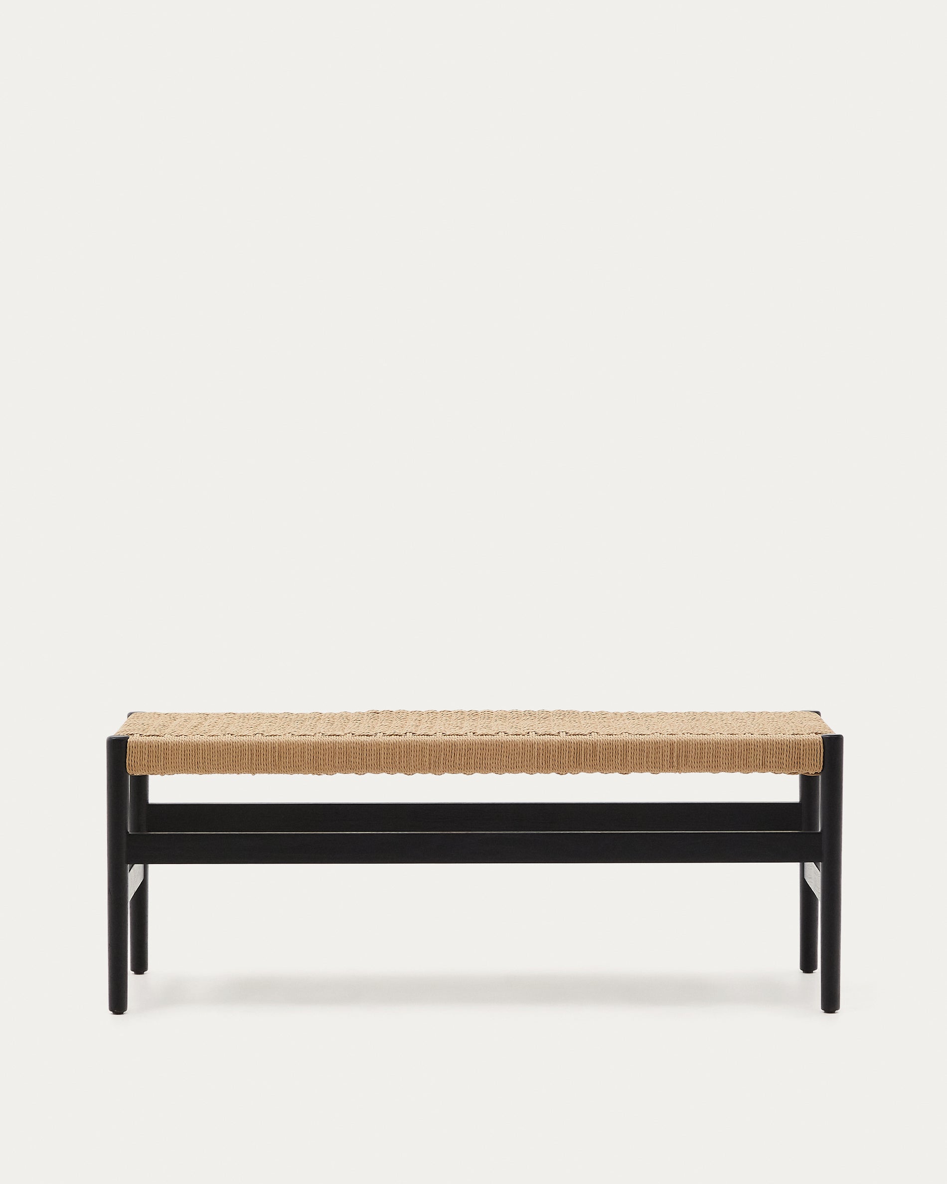 Zaide bench made of solid oak wood in a black finish and rope cord seat, 120 cm, FSC 100% - Product View
