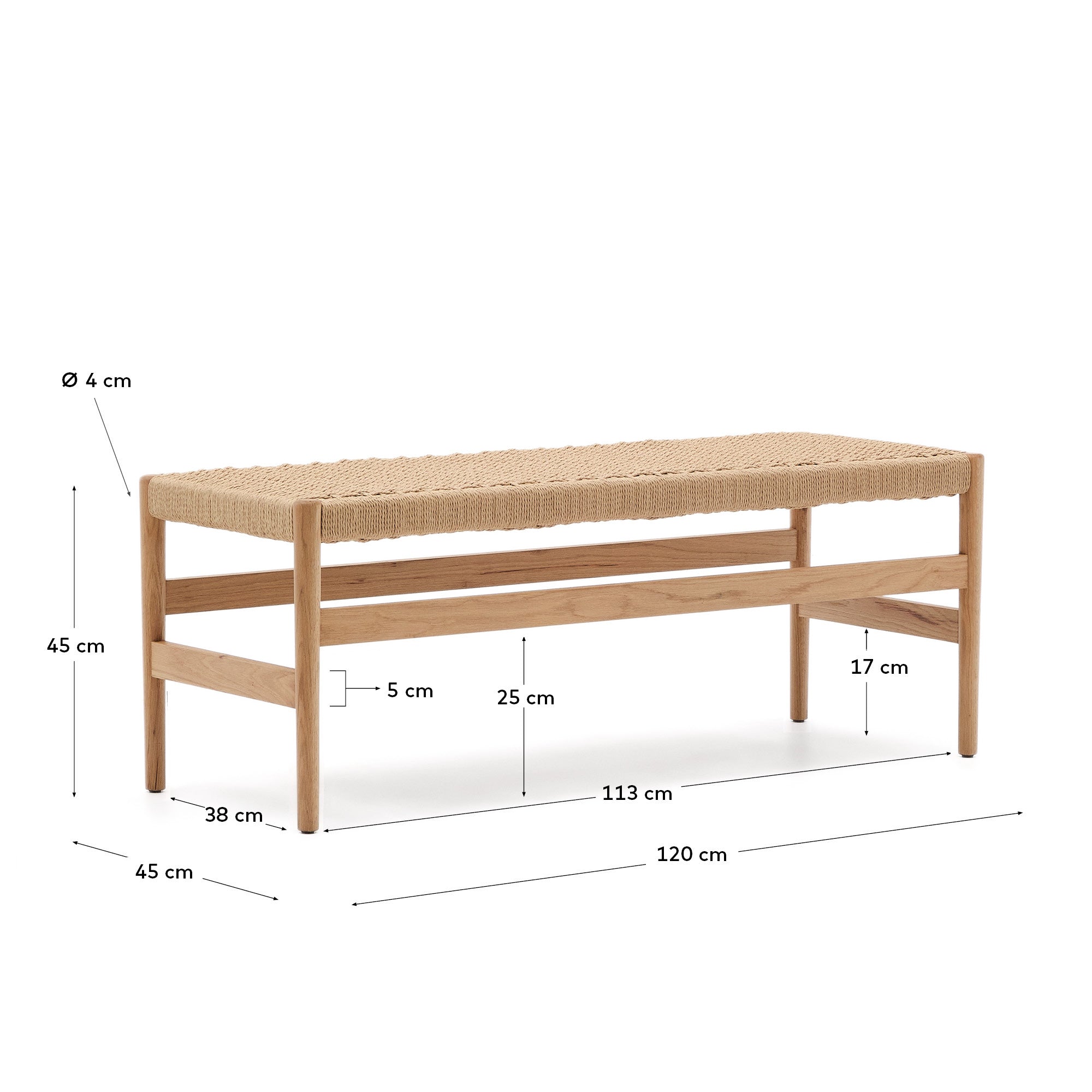 Zaide bench made of solid oak wood in a natural finish and rope cord seat, 120 cm, FSC 100% - Measurements