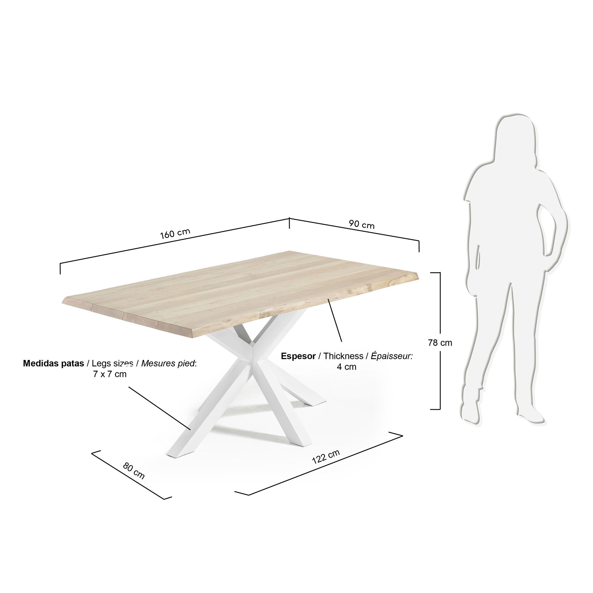 Argo oak veneer table with a whitewashed finish and white steel legs, 160 x 90 cm - Measurements