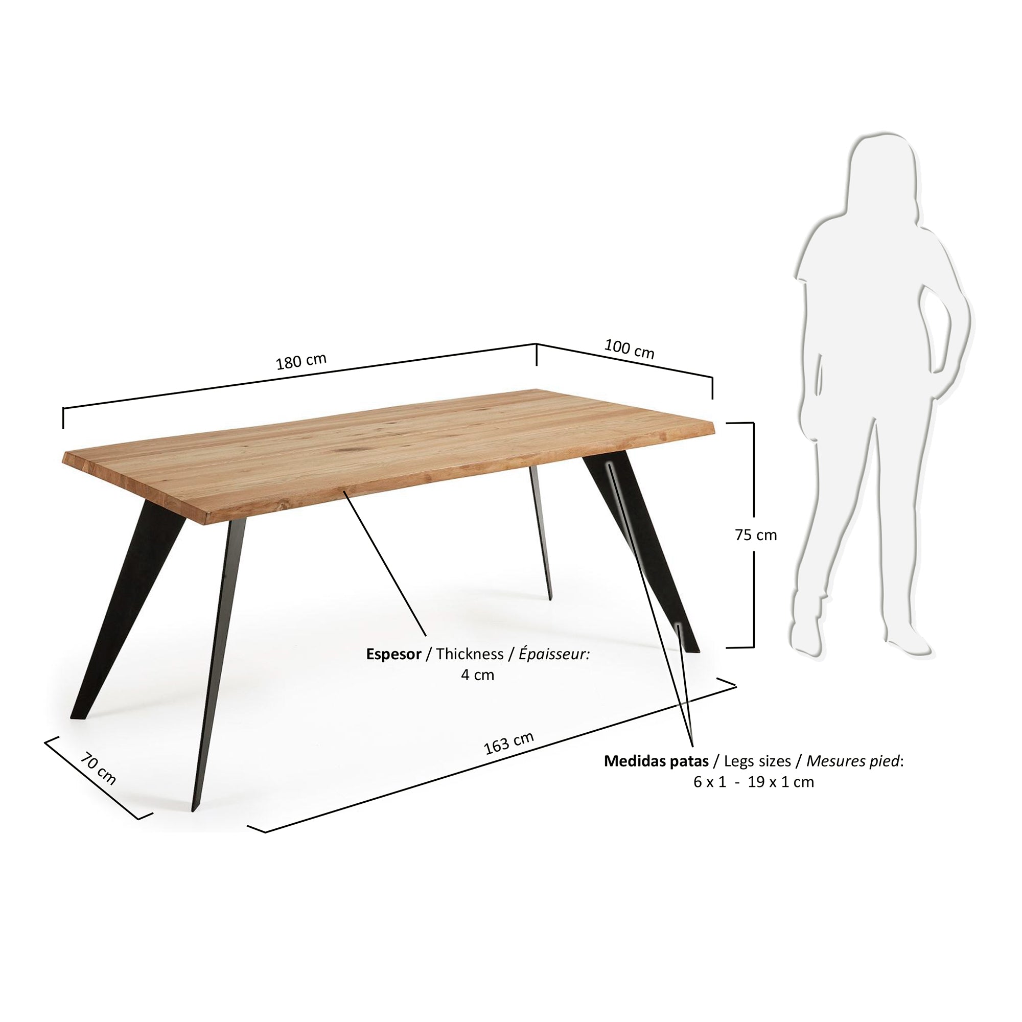 Koda oak veneer table with natural finish and steel legs with black finish 180 x 100 cm - Measurements