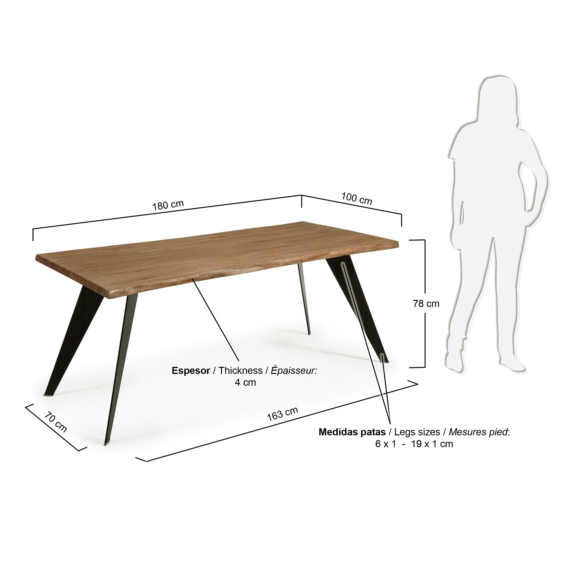 Koda oak veneer table with a distressed finish and black steel legs, 180 x 100 cm - Measurements