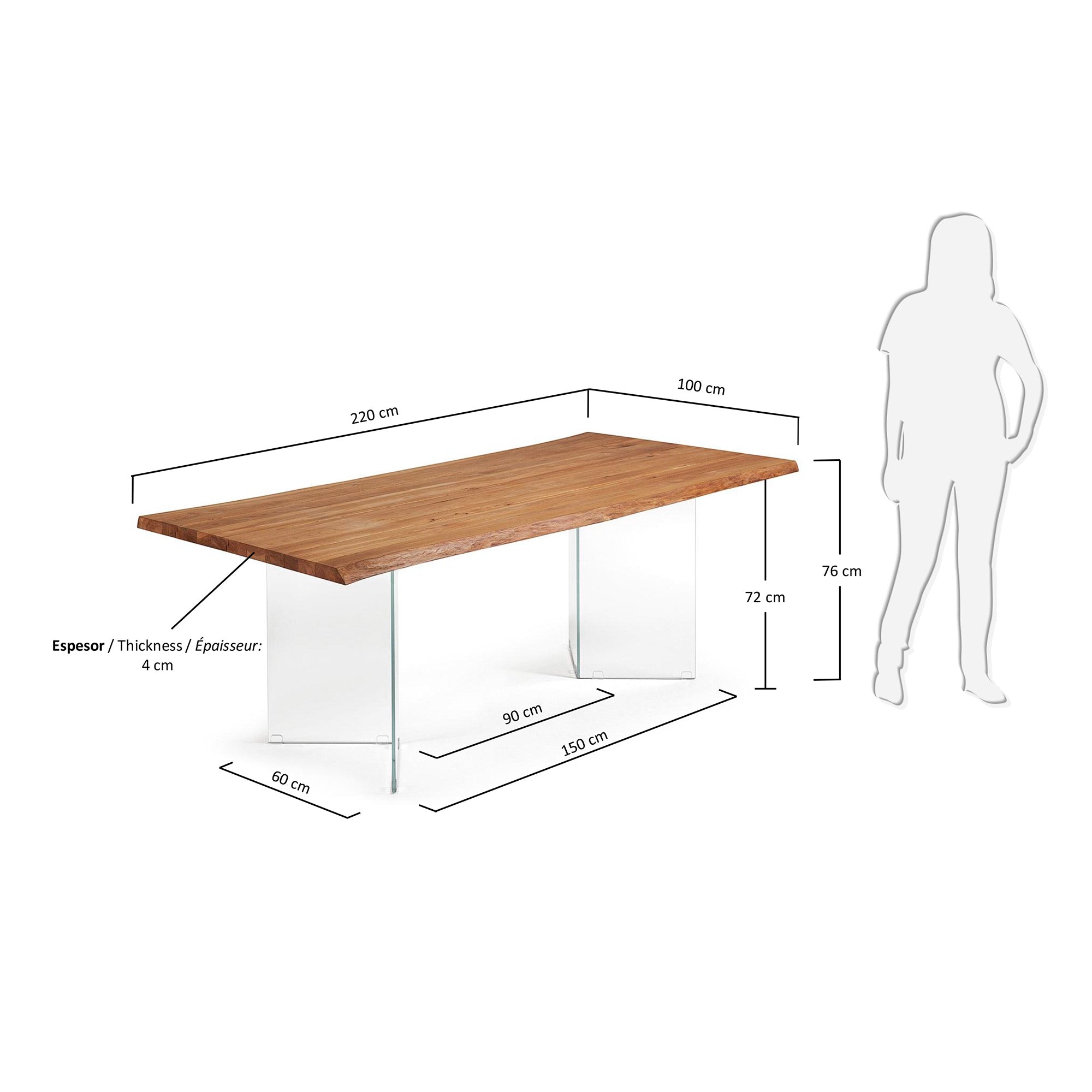 Lotty oak veneer table wit a natural finish and glass legs, 220 x 100 cm - Measurements