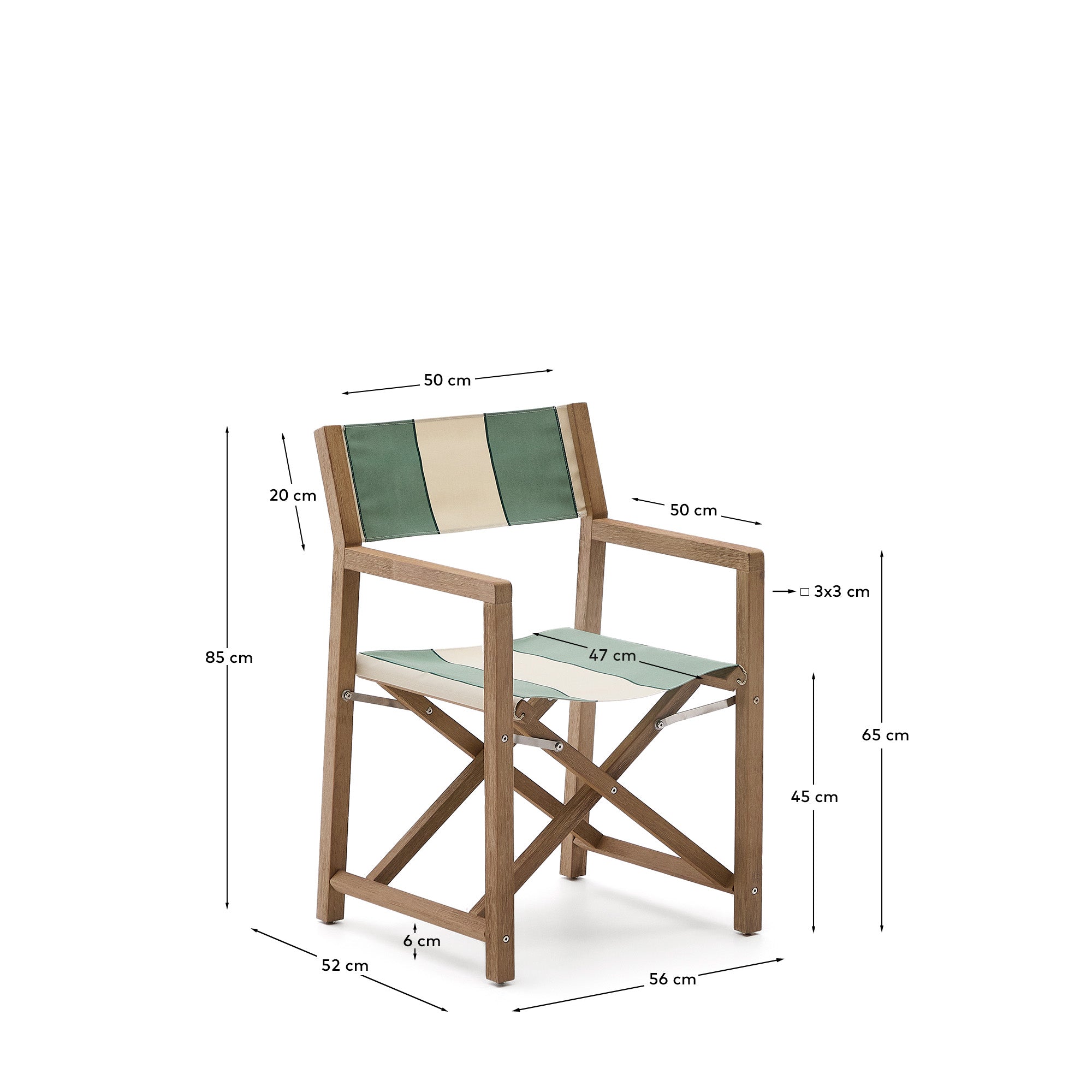 Vilara green and beige striped outdoor folding chair made of FSC 100% solid acacia wood - Measurements