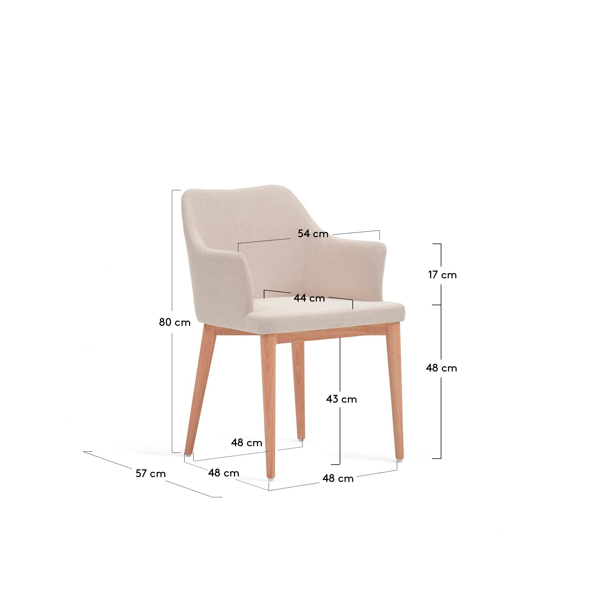 Croft chair in beige chenille with solid ash wood legs - Measurements