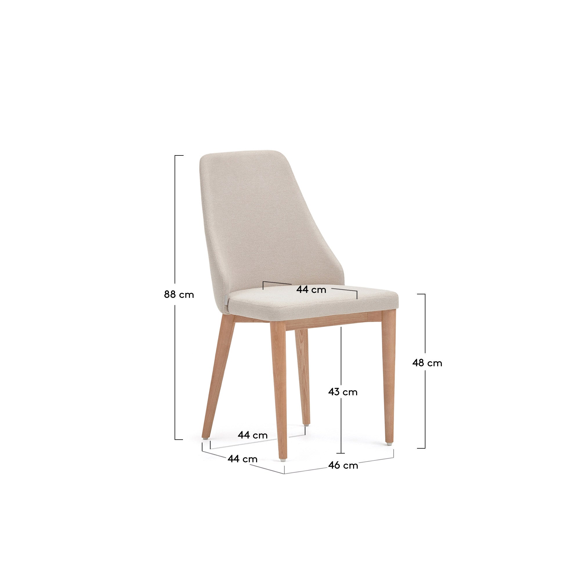 Rosie chair in beige chenille with solid ash wood legs in a natural finish - Measurements