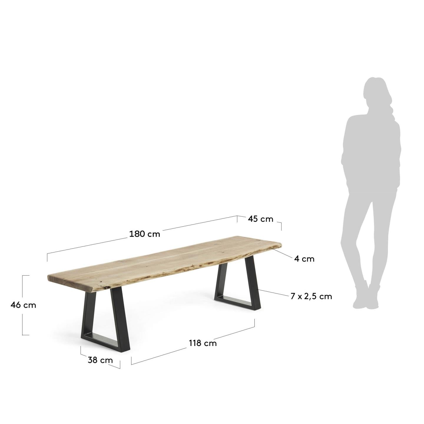 Alaia bench in solid acacia wood with black steel legs, 180 cm - Measurements