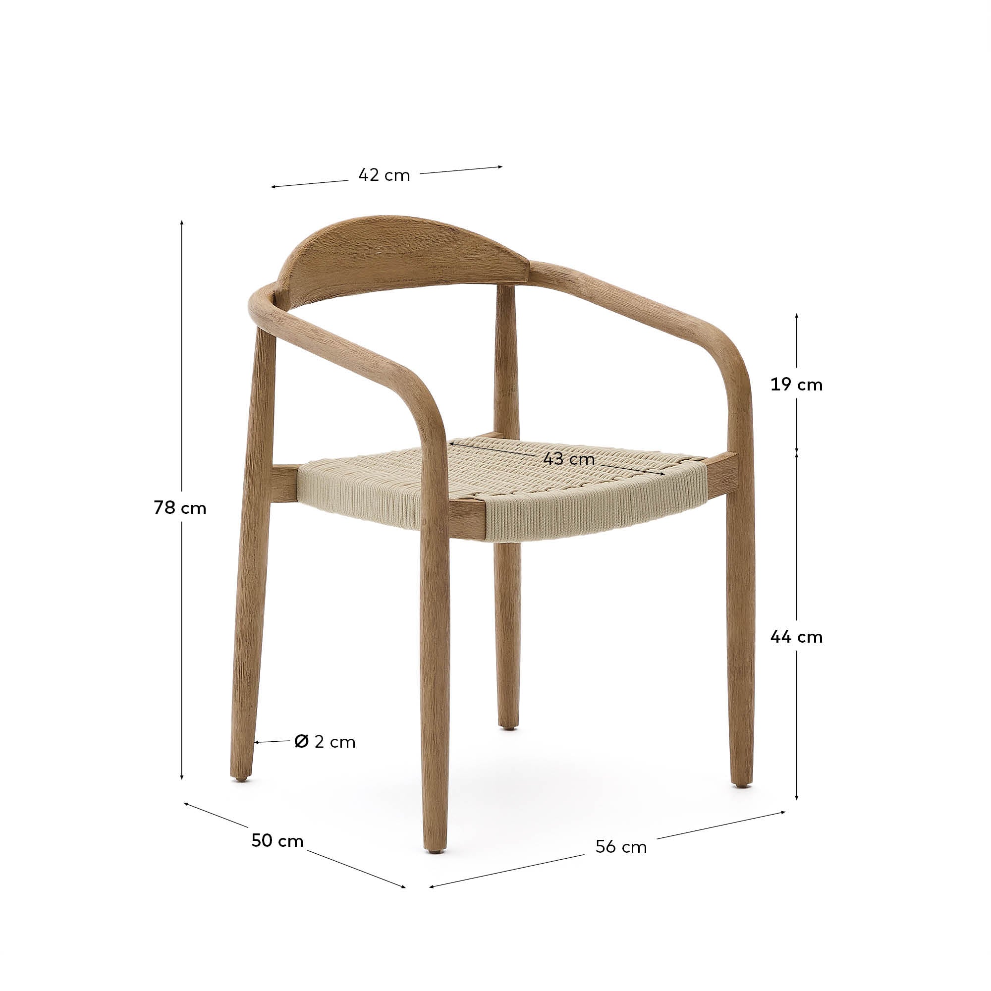 Nina stackable chair made of FSC 100% solid acacia wood and ecru rope cord - Measurements
