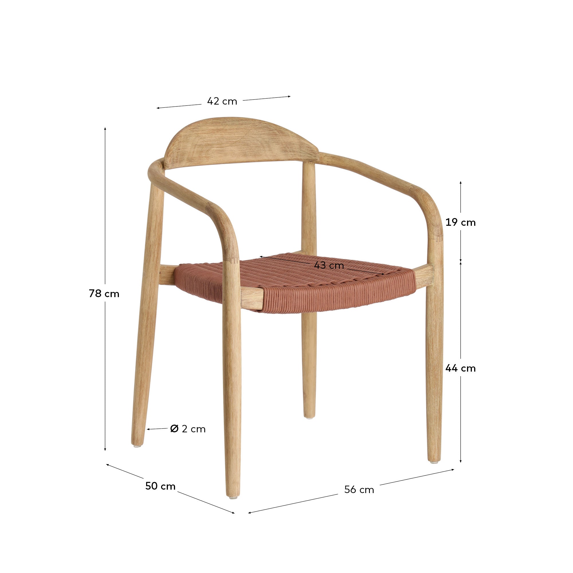 Nina stackable chair in solid acacia wood and terracotta rope seat FSC 100% - Measurements