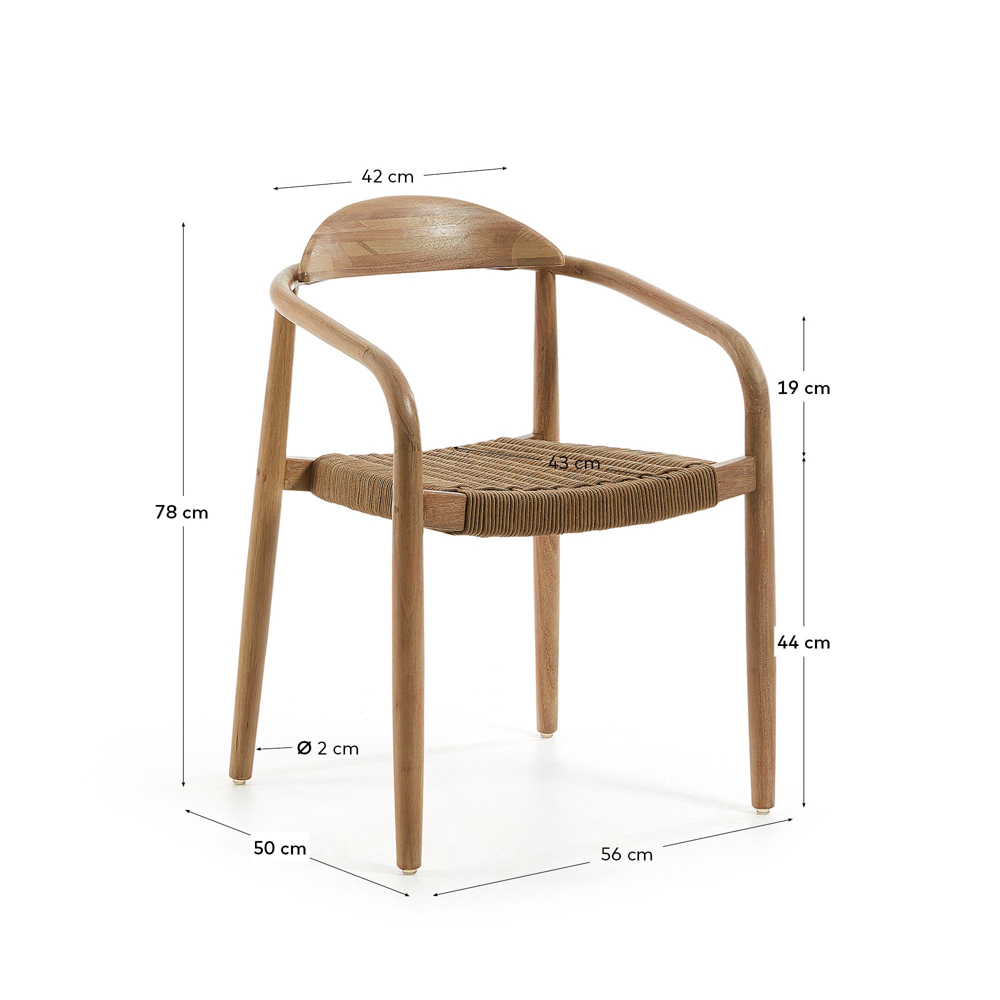 Nina stackable chair in solid acacia wood and beige rope seat FSC 100% - Measurements
