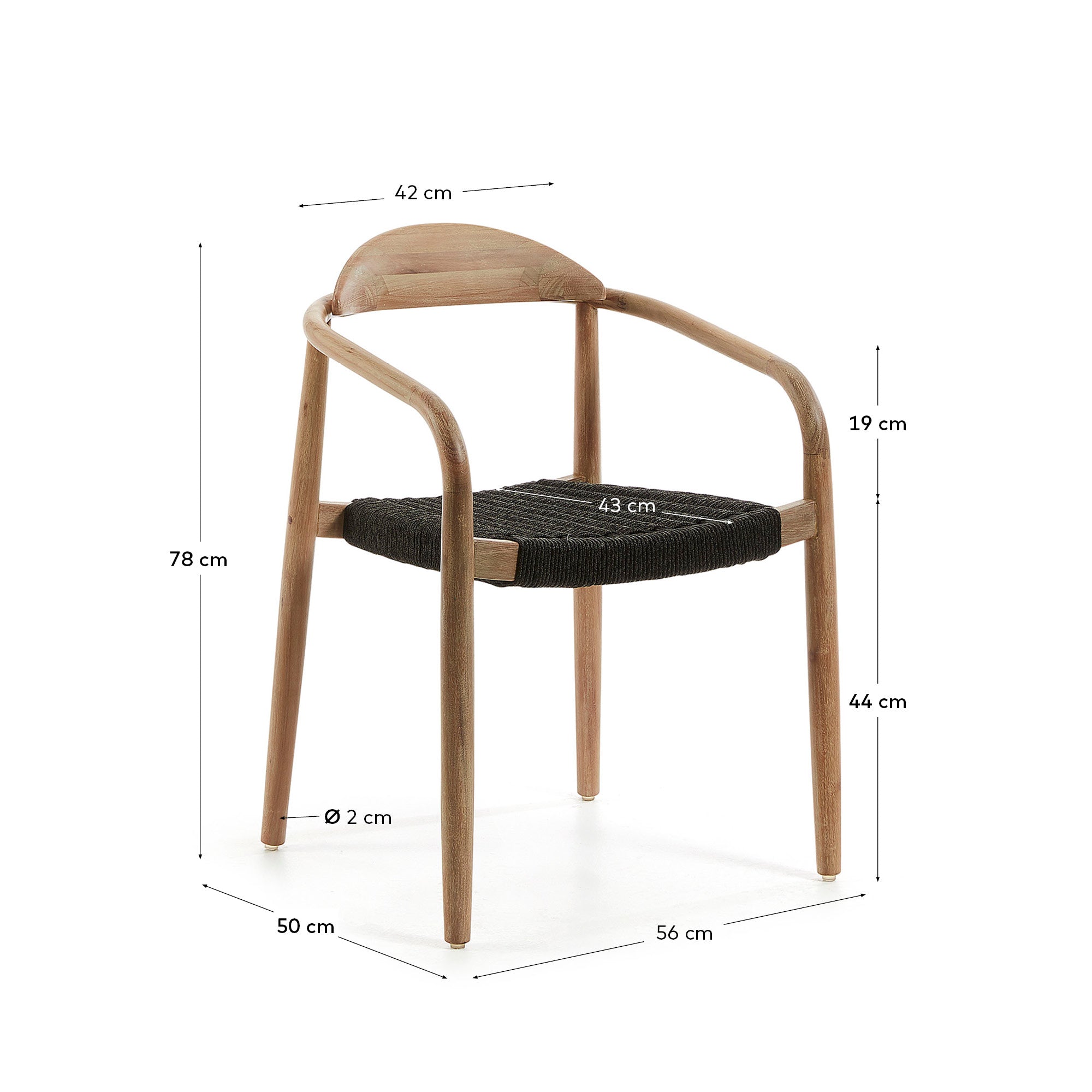 Nina stackable chair in solid acacia wood and black rope seat FSC 100% - Measurements