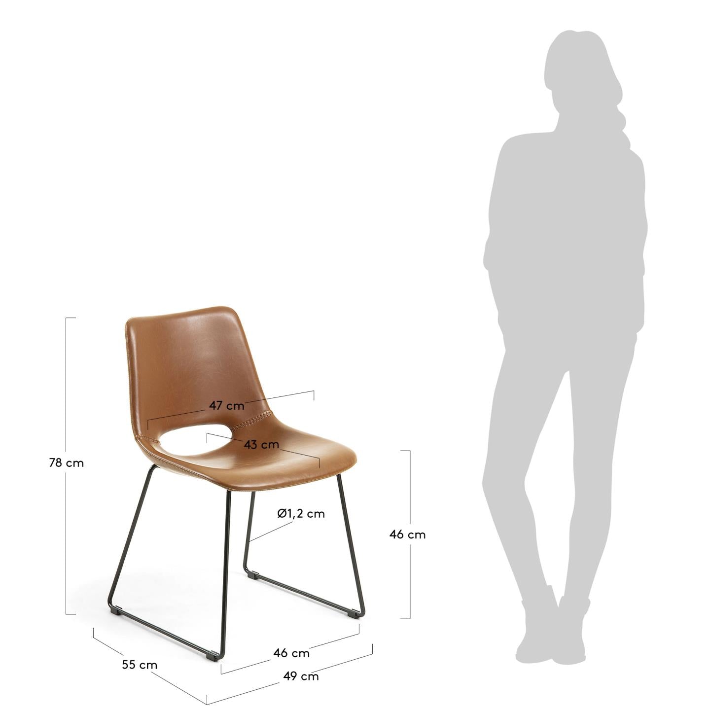 Zahara synthetic leather brown chair with steel legs with black finish - Measurements