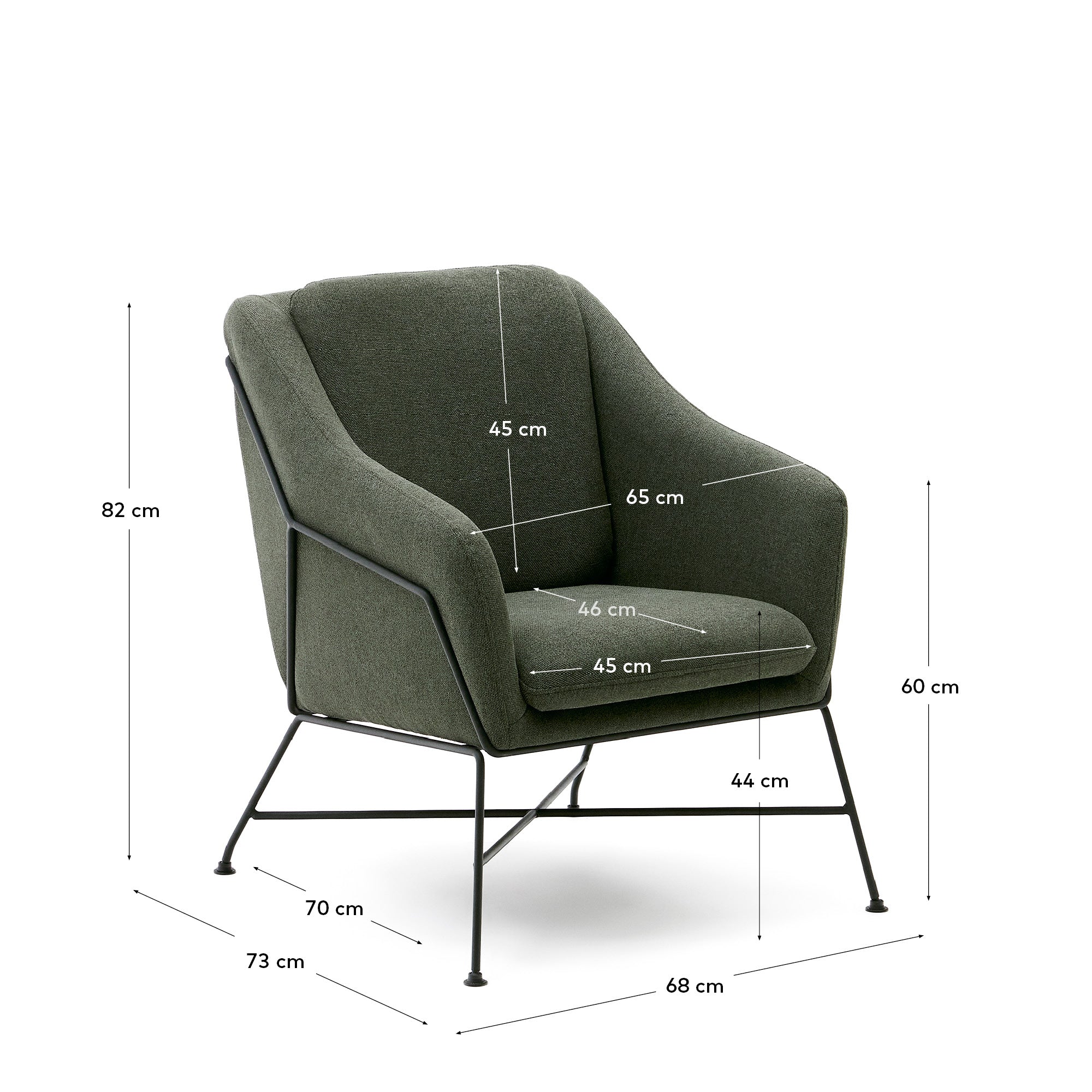 Brida armchair in green and steel legs with black finish - Measurements