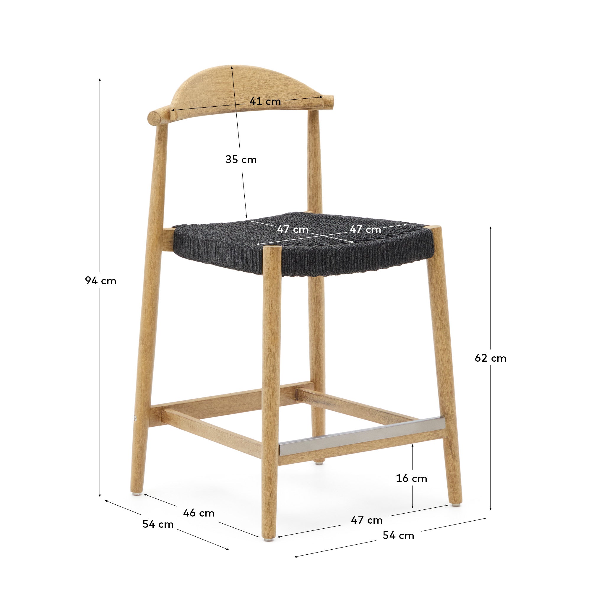 Nina Stool made of solid acacia wood with natural finish and black rope, height 62 cm - Measurements