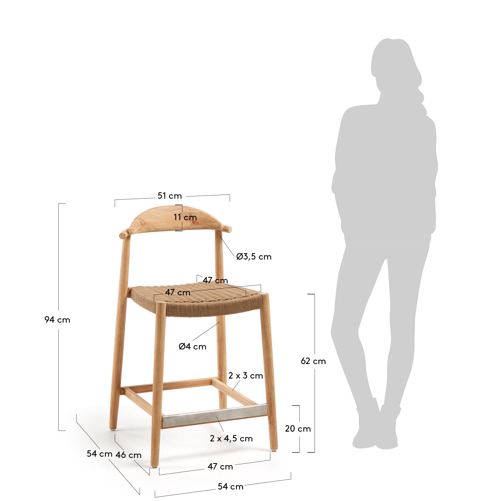 Nina stool in solid acacia wood height 62 cm - Measurements