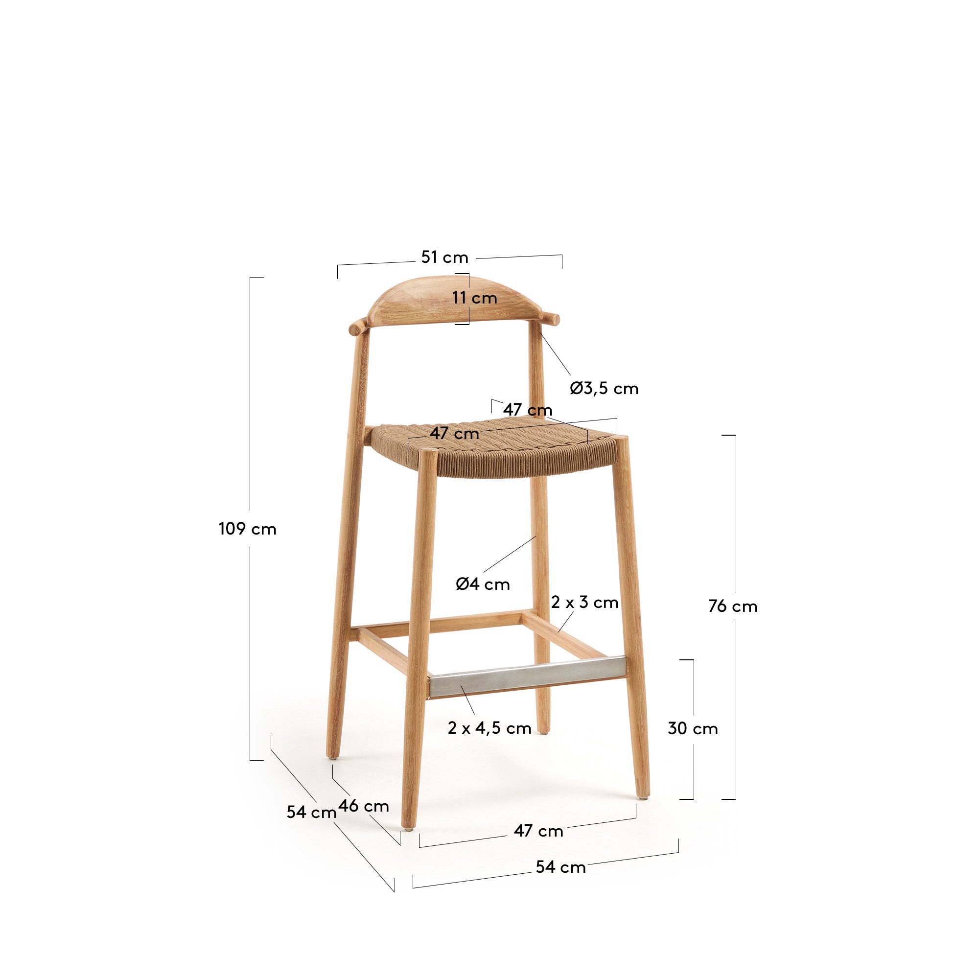 Nina stool in solid acacia wood, height 76 cm FSC 100% - Measurements