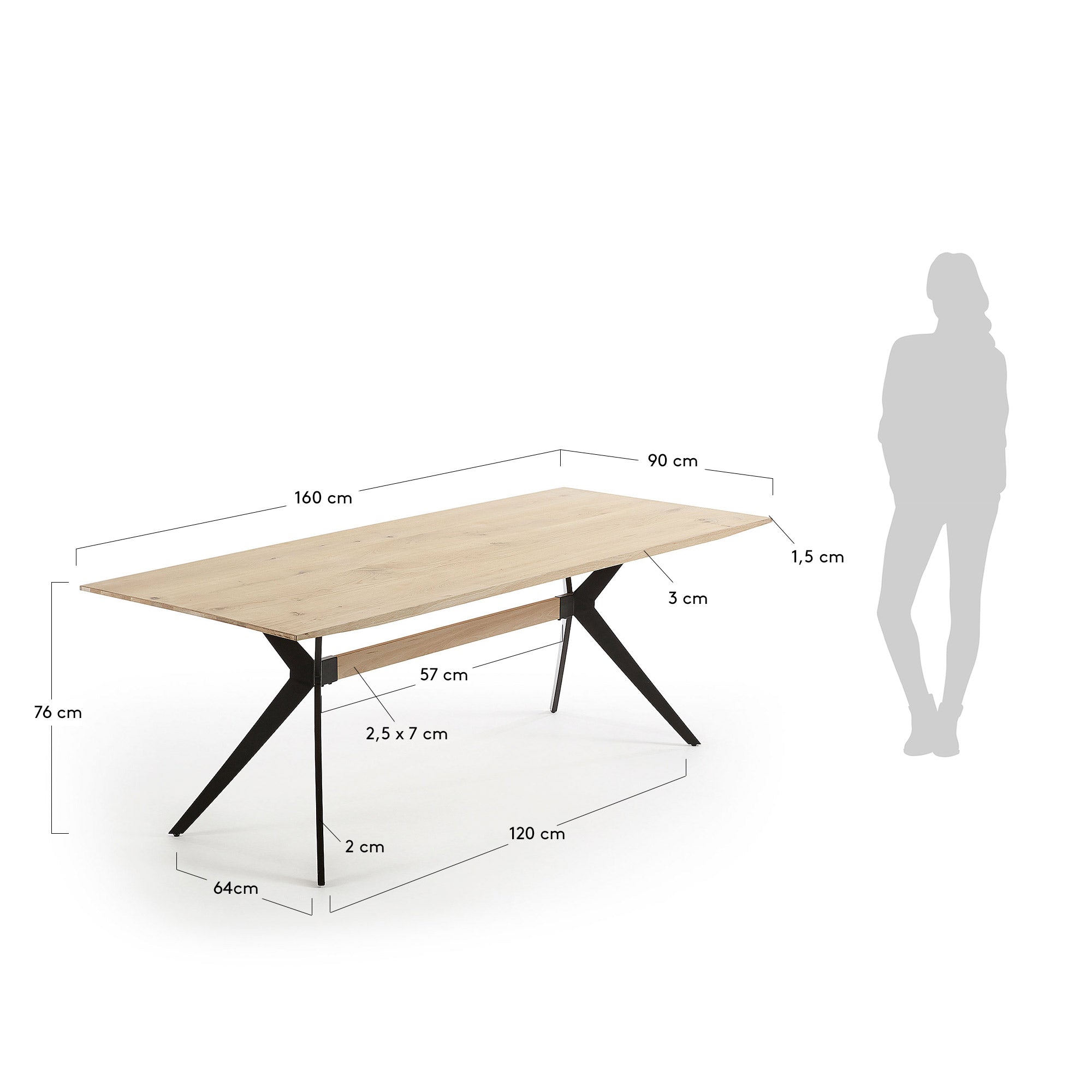 Amethyst oak veneer table with a whitewashed finish and black steel legs, 160 x 90 cm - Measurements