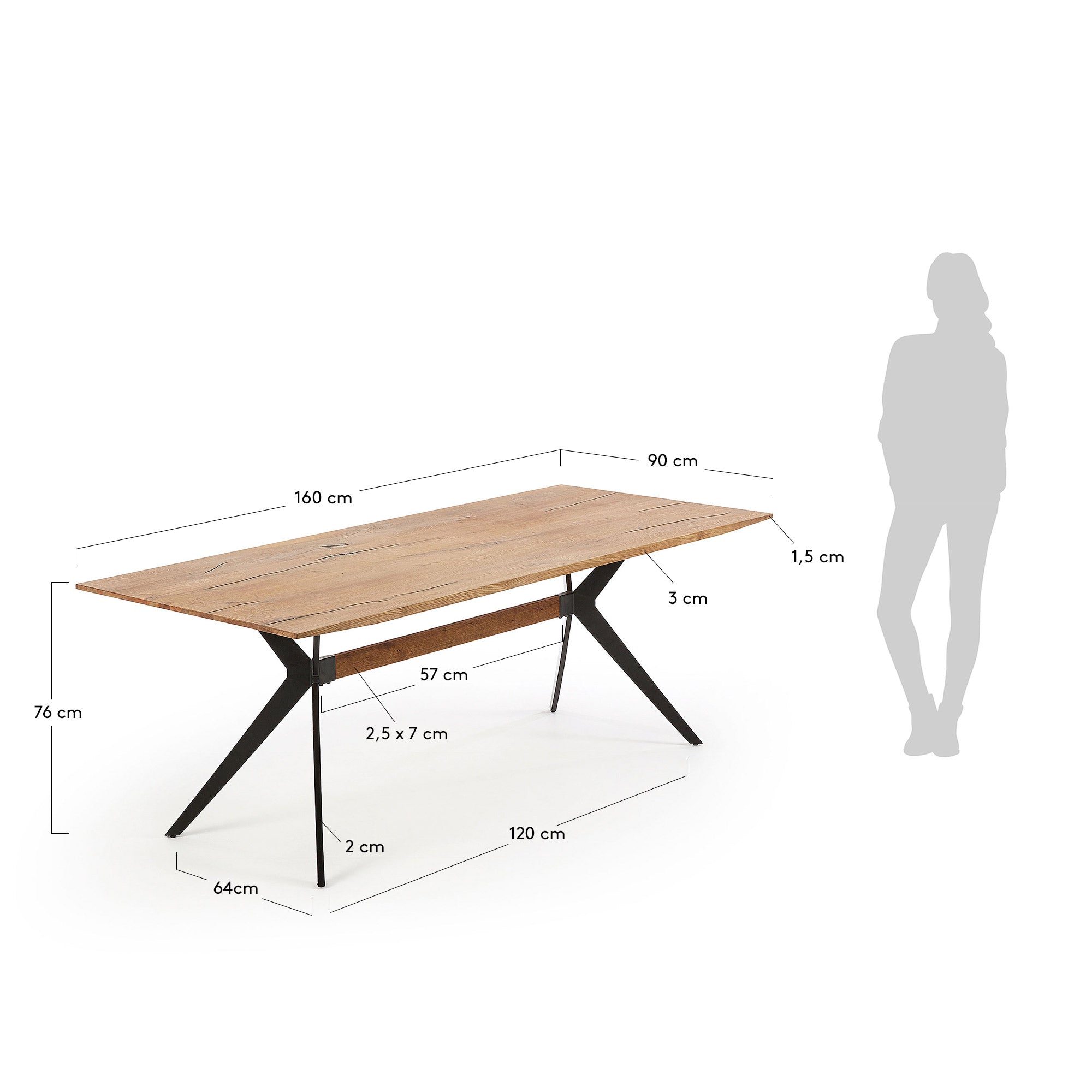 Amethyst oak veneer table with a distressed finish and black steel legs, 160 x 90 cm - Measurements