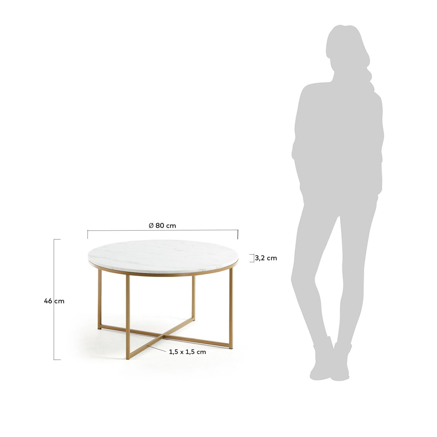 Sheffield coffee table in white marble and golden steel legs Ø 80 cm - Measurements