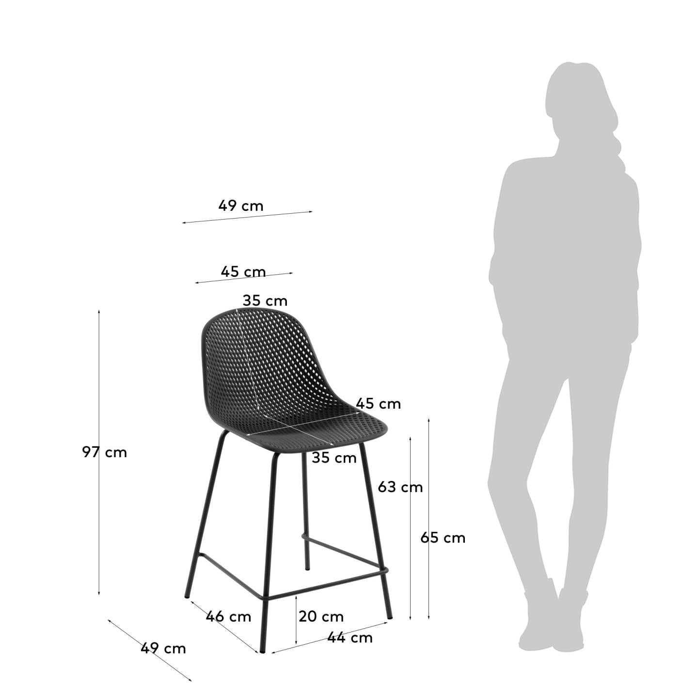 Quinby outdoor stool in grey, height 65 cm - Measurements