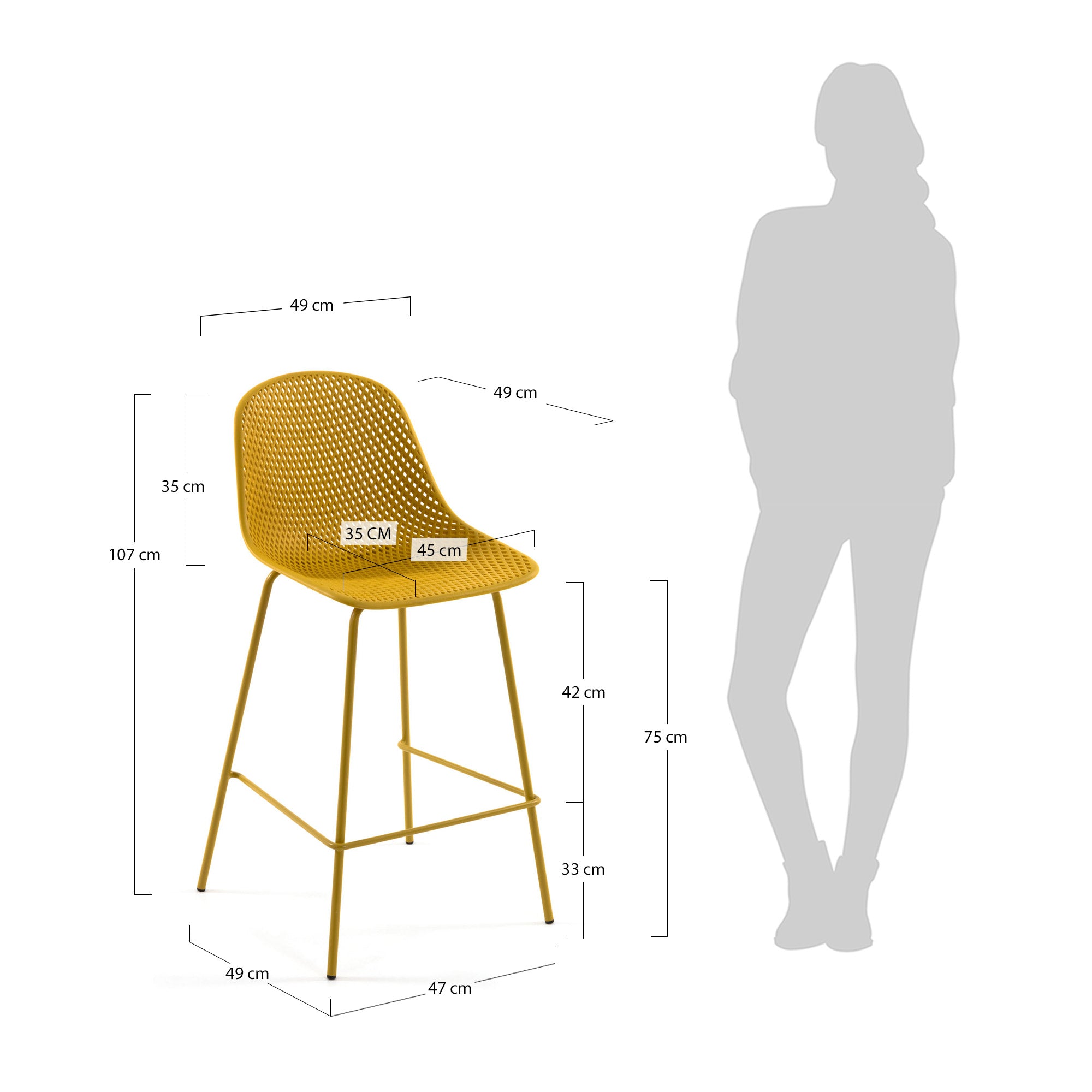 Quinby outdoor stool in yellow, height 75 cm - Measurements