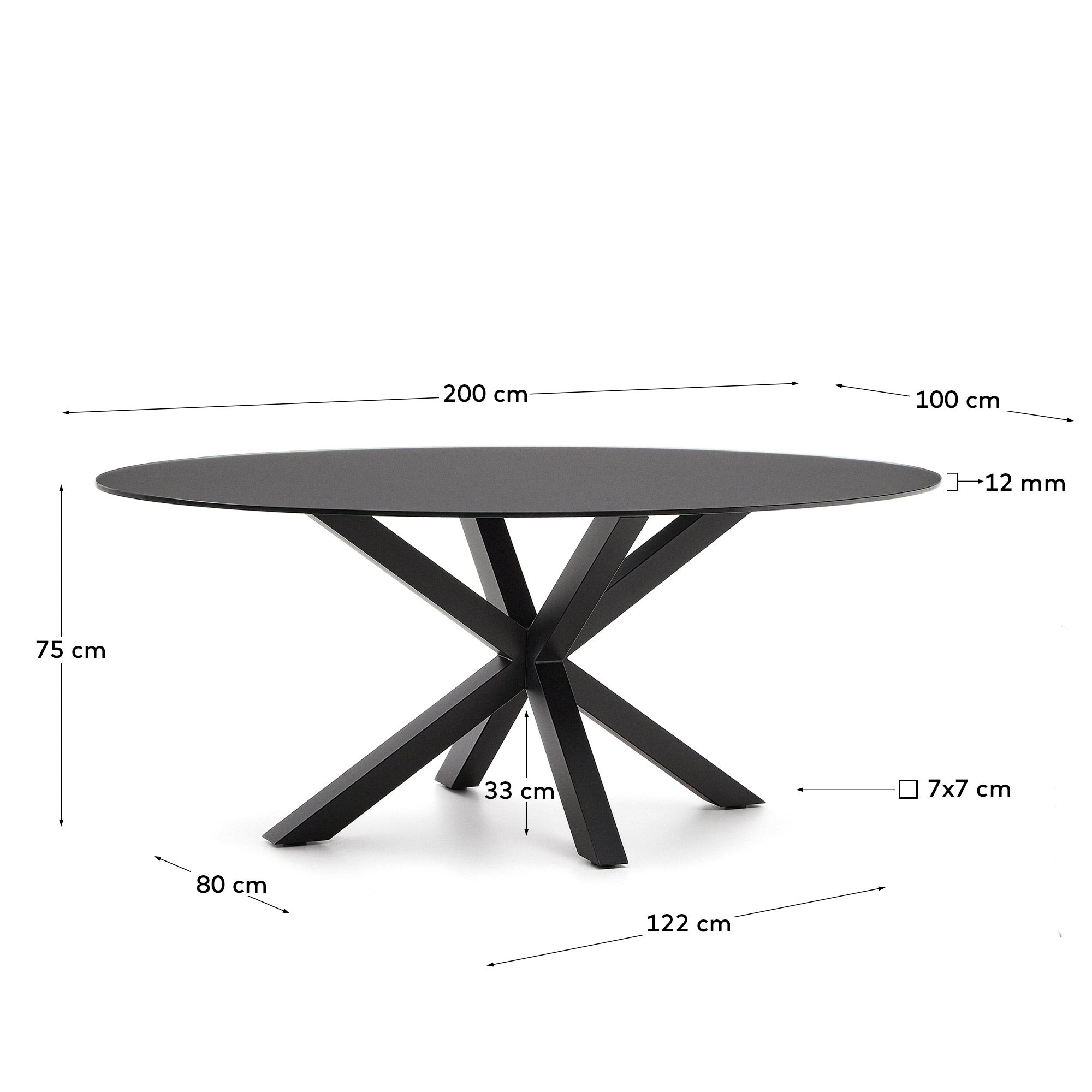 Argo table with black glass and black steel legs Ø 200 x 100 cm - Measurements