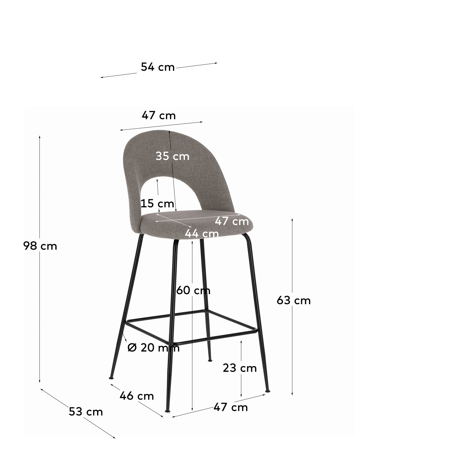 Mahalia light grey stool height 63 cm FSC 100% - Measurements