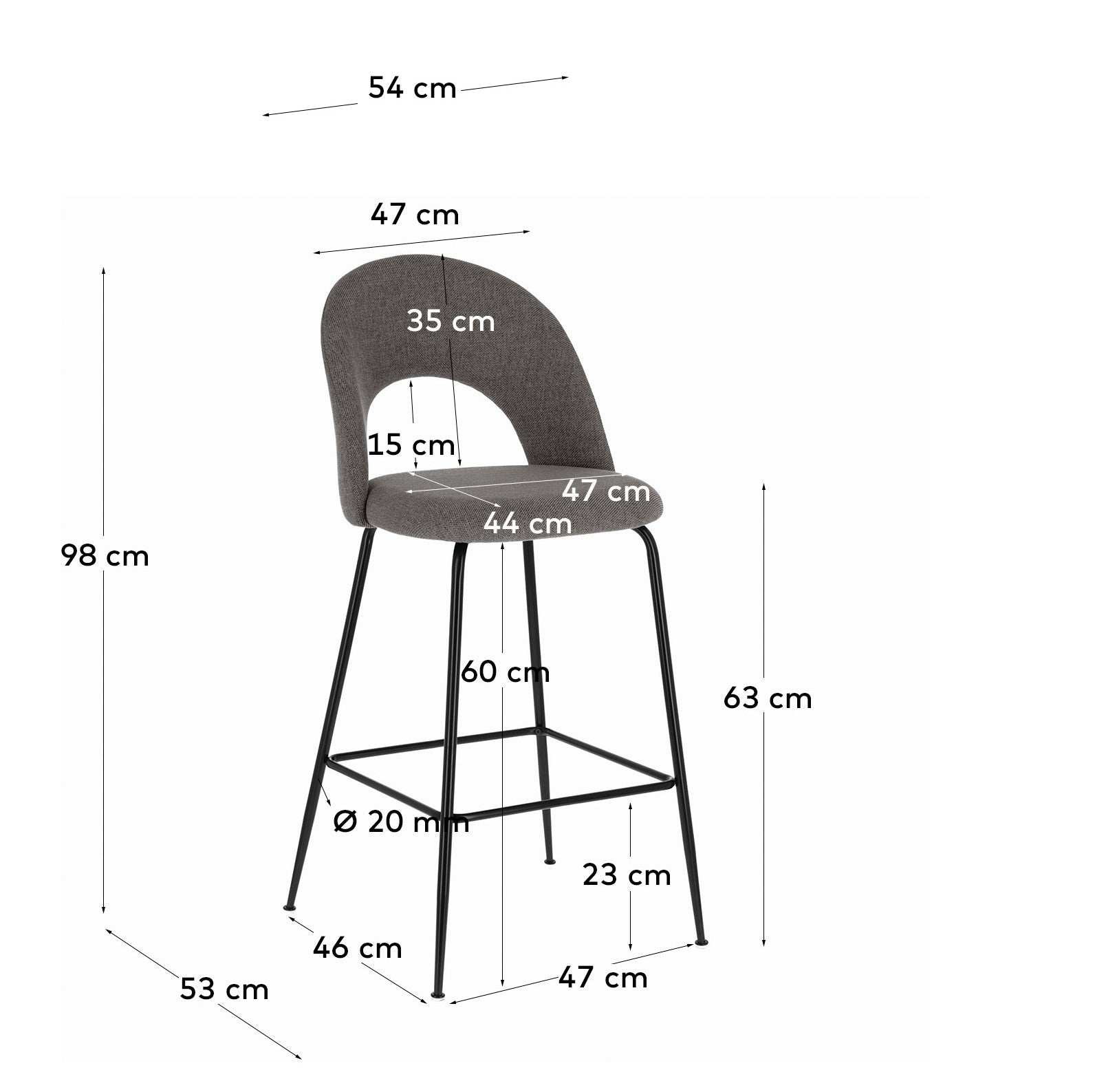 Mahalia dark grey stool height 63 cm FSC 100% - Measurements