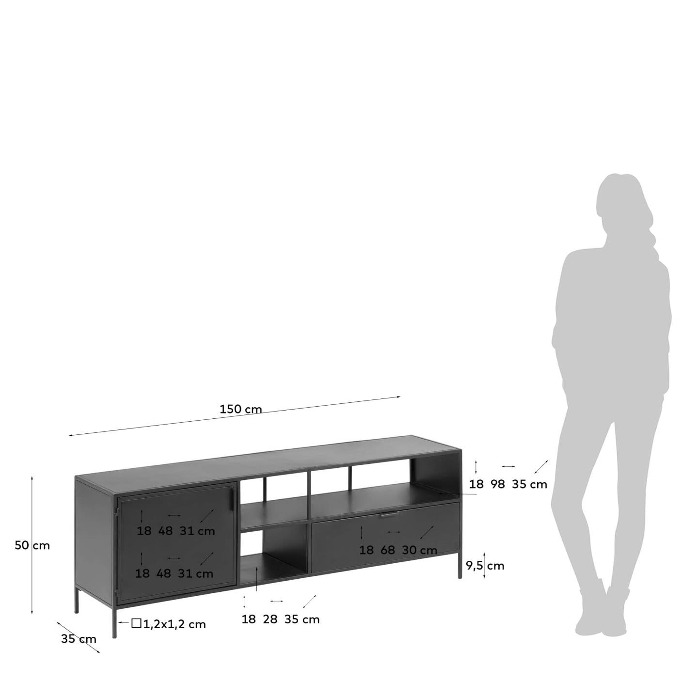 Shantay metal TV stand in a painted black finish with 1 door and drawer, 150 x 50 cm - Measurements