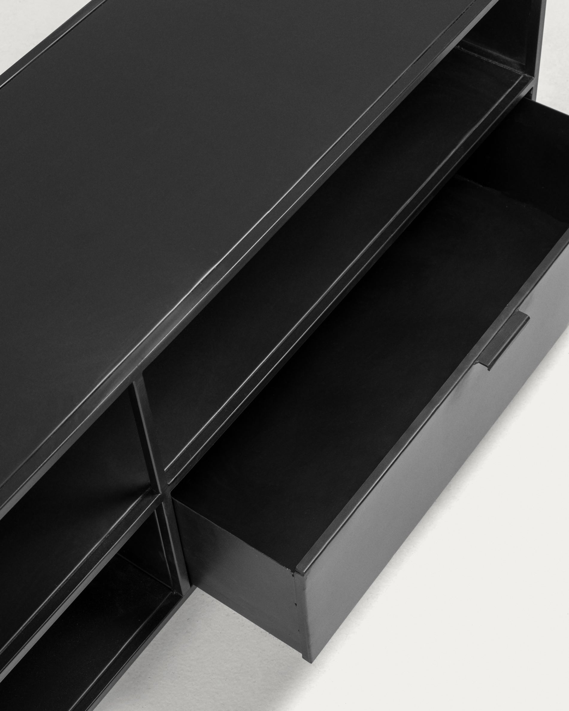 Shantay metal TV stand in a painted black finish with 1 door and drawer, 150 x 50 cm - Detail