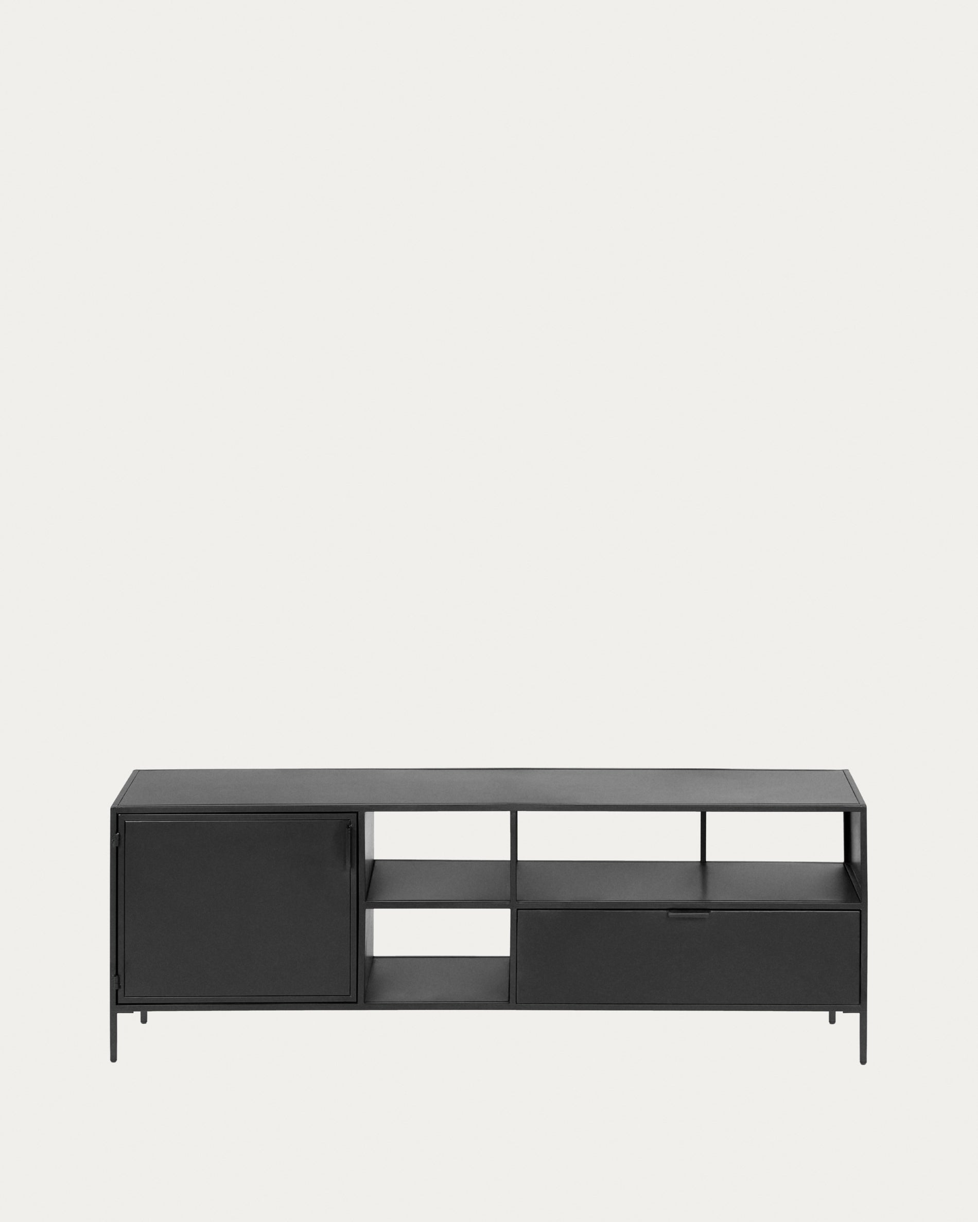 Shantay metal TV stand in a painted black finish with 1 door and drawer, 150 x 50 cm - Product View