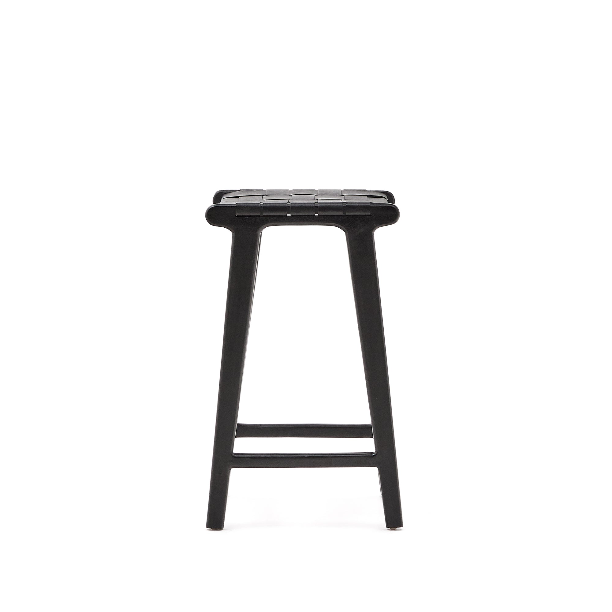 Calixta stool in leather and solid mahogany wood with black finish, 67 cm height - Product Image
