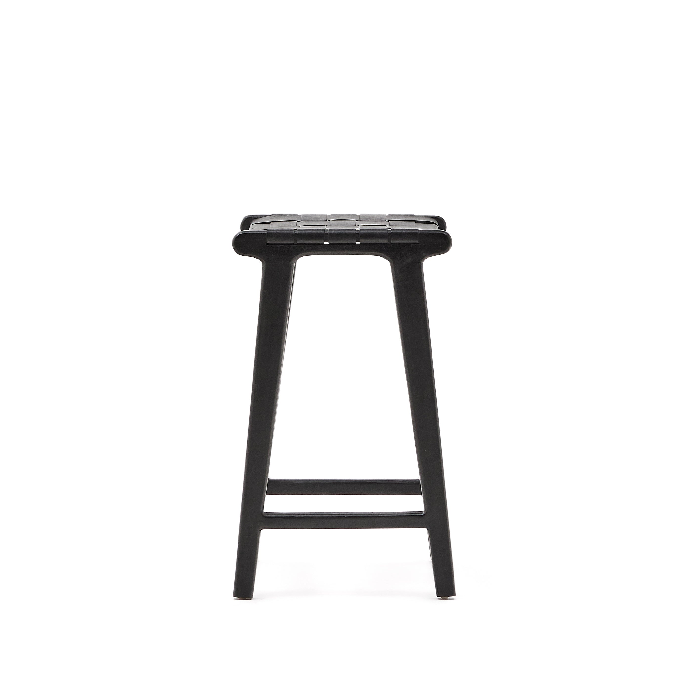 Calixta stool in leather and solid mahogany wood with black finish, 67 cm height - Product Image