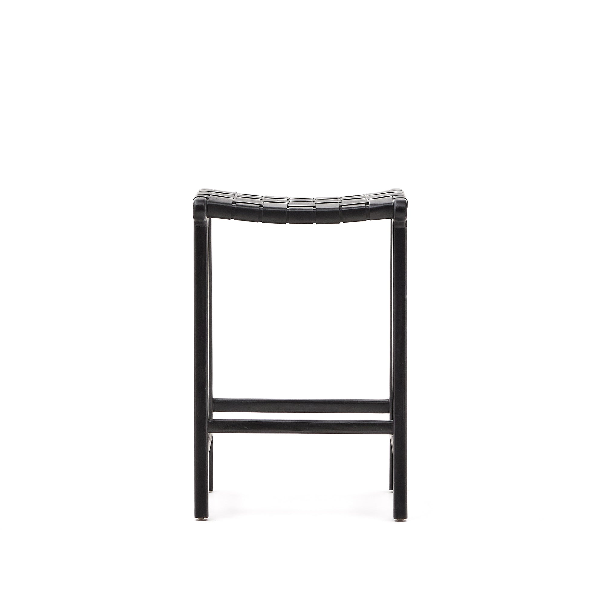 Calixta stool in leather and solid mahogany wood with black finish, 67 cm height - Product Image