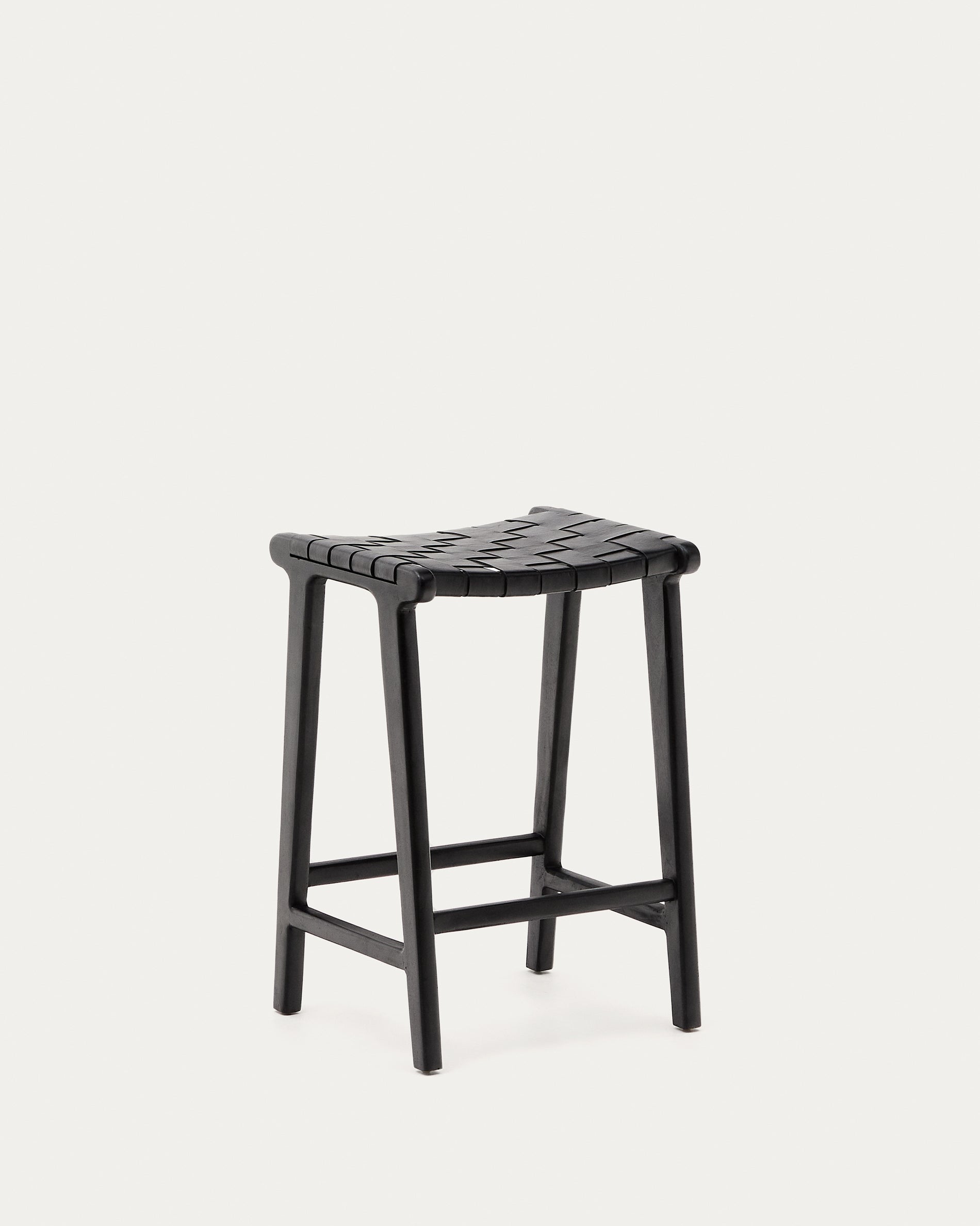 Calixta stool in leather and solid mahogany wood with black finish, 67 cm height - Product View