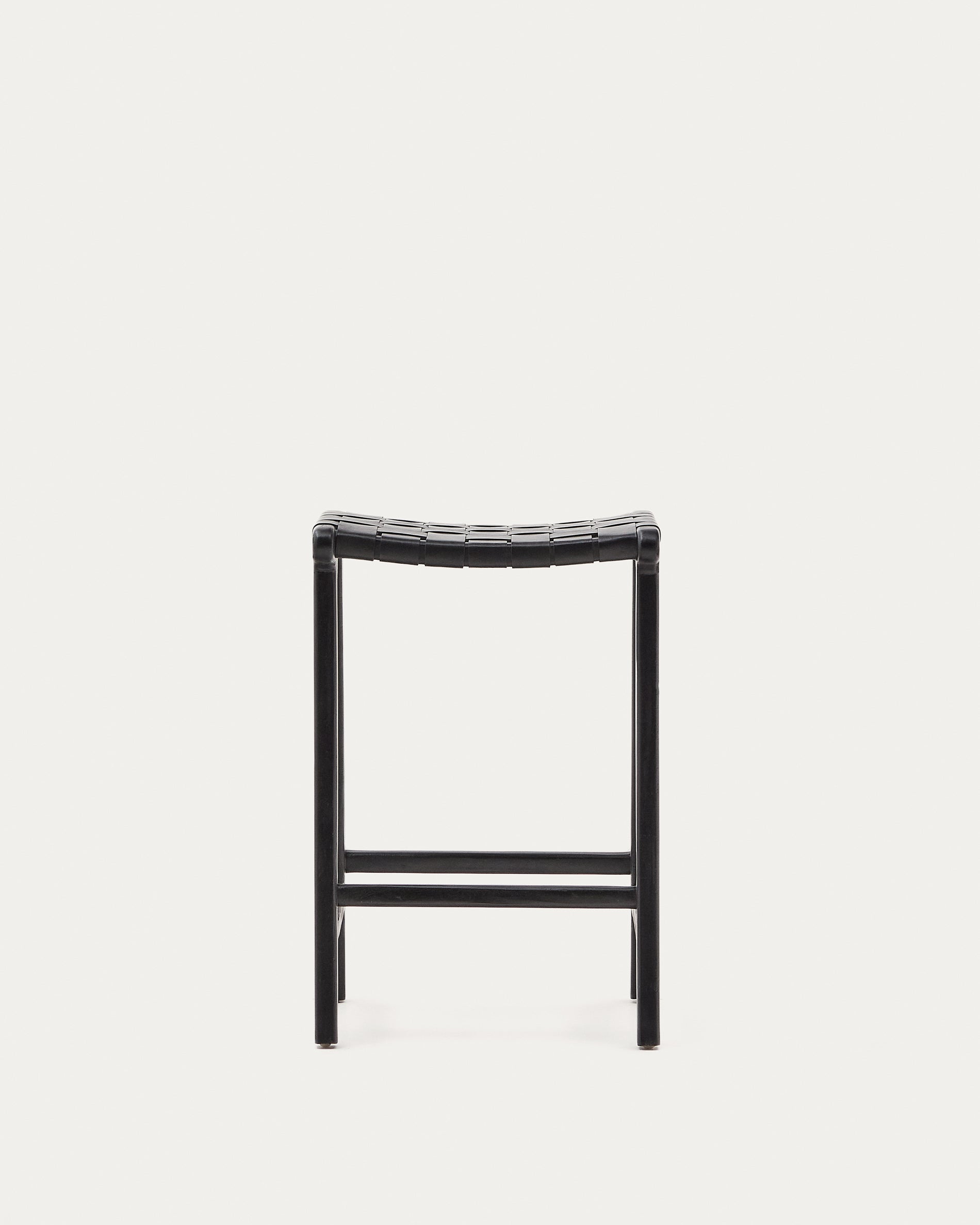 Calixta stool in leather and solid mahogany wood with black finish, 67 cm height - Product View