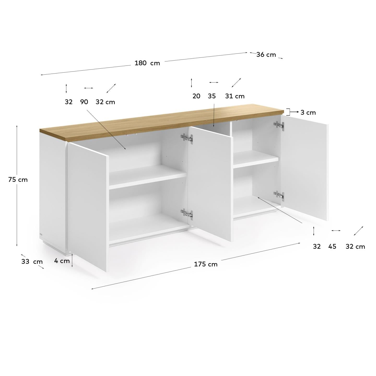 Abilen oak wood veneer 3 door sideboard with white lacquer, 180 x 75 cm FSC 100% - Measurements