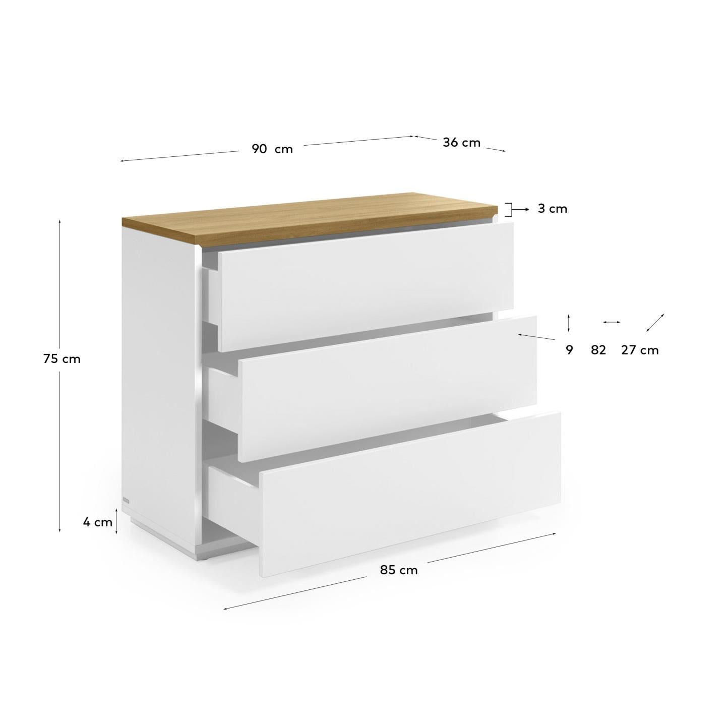 Abilen 3-drawer oak veneer and white lacquer chest of drawers 90 x 75 cm FSC 100% - Measurements