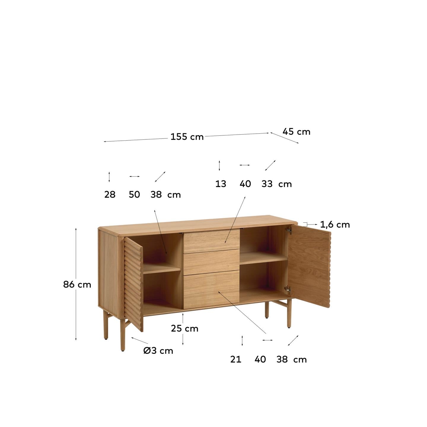 Lenon oak wood and veneer sideboard with 2 doors & 3 drawers, 155 x 86 cm FSC MIX Credit - Measurements