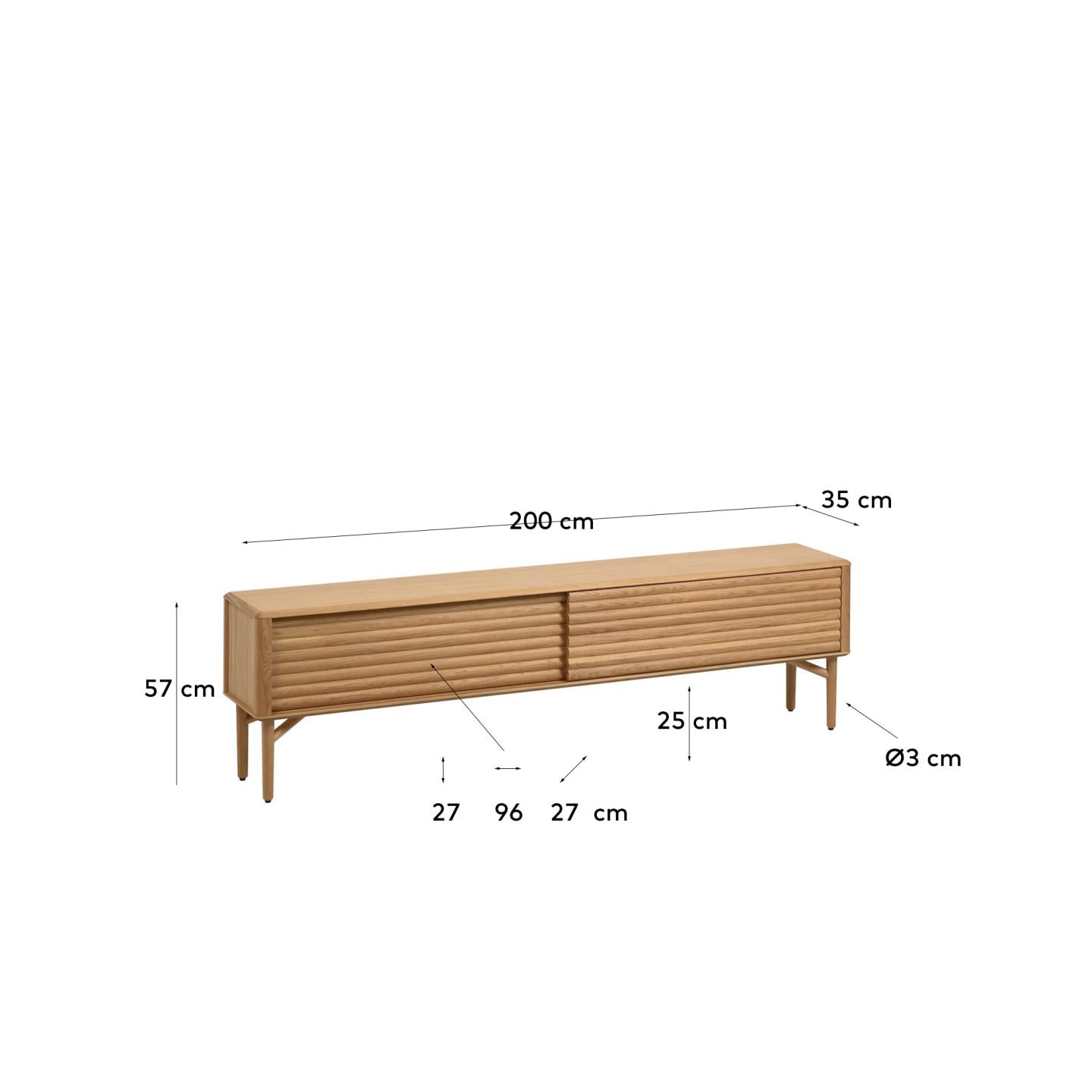 Lenon 2 door solid wood and oak veneer TV stand, 200 x 57 cm, FSC MIX Credit - Measurements