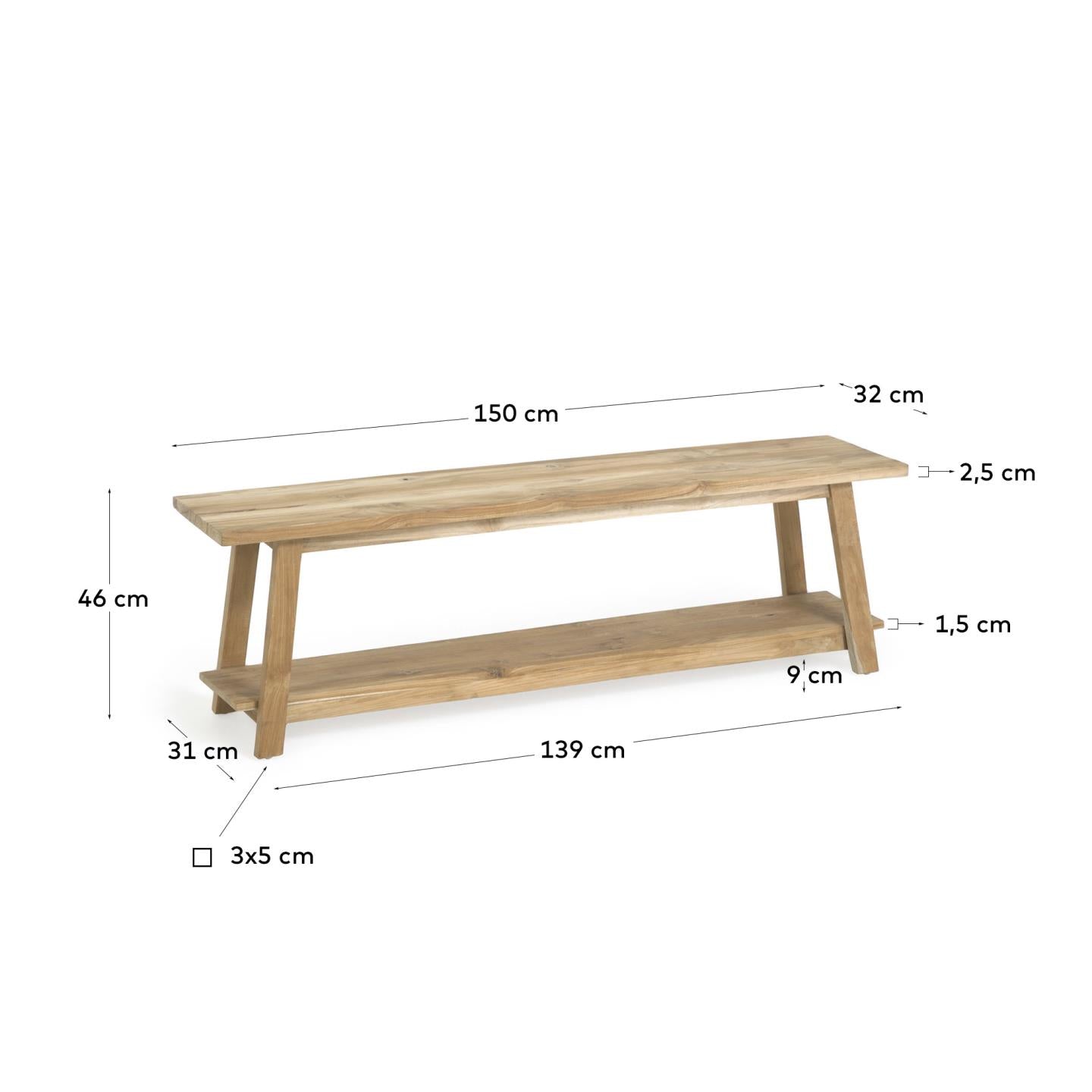 Safara solid recycled teak bench 150 cm - Measurements