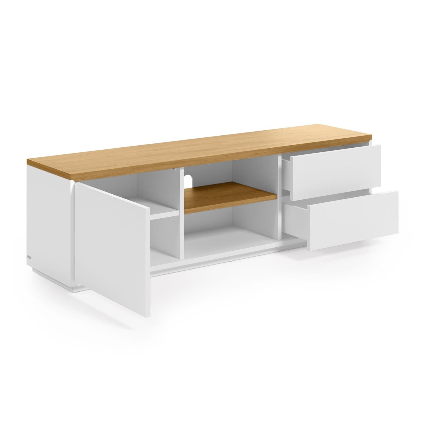 Abilen oak wood veneer TV stand with 1 door & 2 drawers in white lacquer, 150 x 44 cm FSC 100% - Product Image