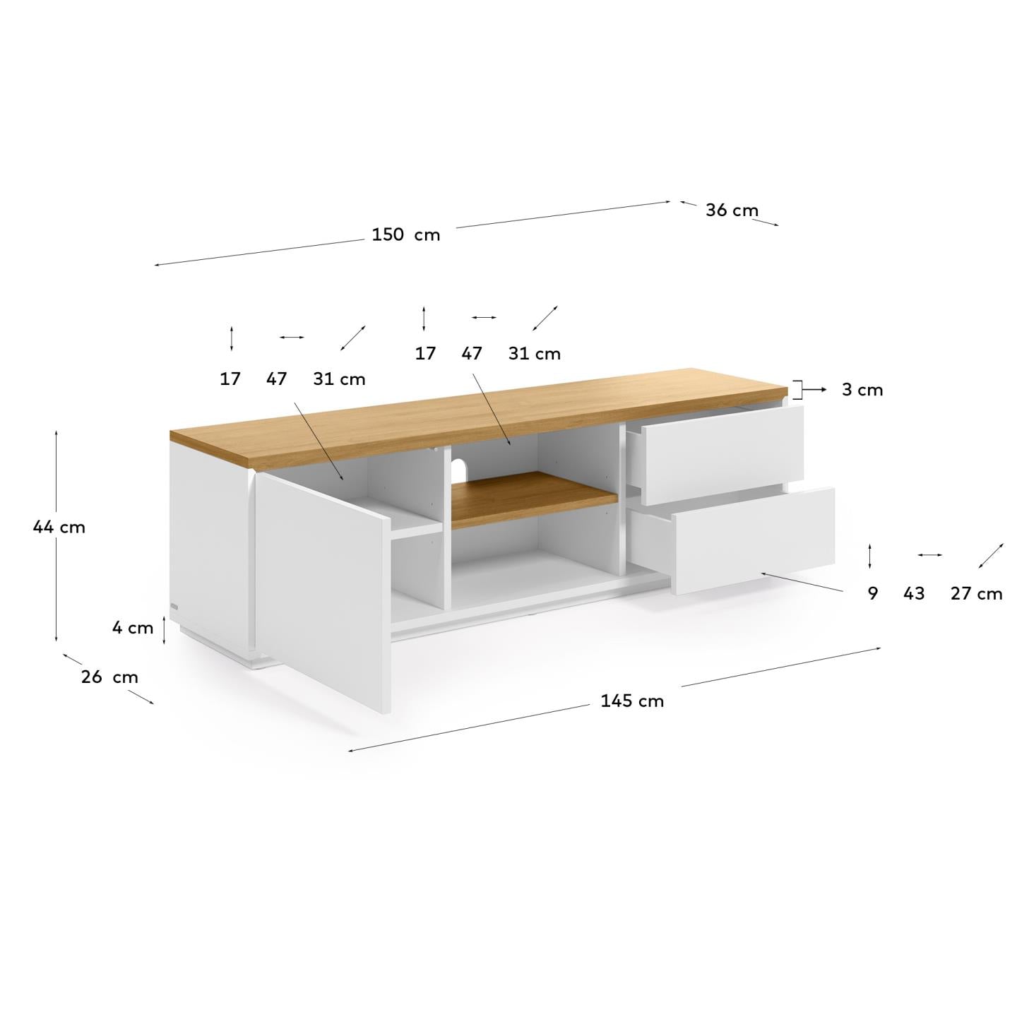 Abilen oak wood veneer TV stand with 1 door & 2 drawers in white lacquer, 150 x 44 cm FSC 100% - Measurements