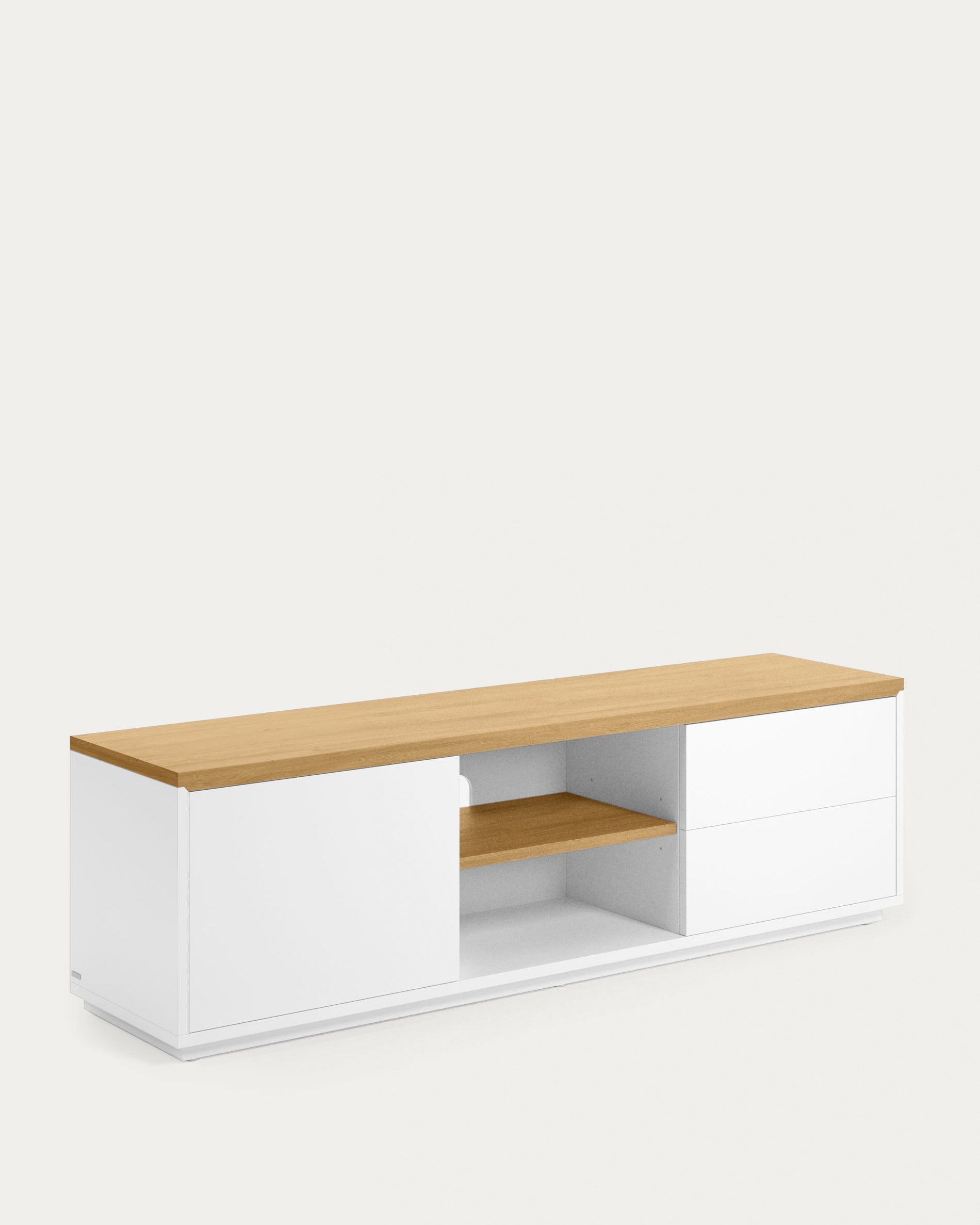 Abilen oak wood veneer TV stand with 1 door & 2 drawers in white lacquer, 150 x 44 cm FSC 100% - Product View